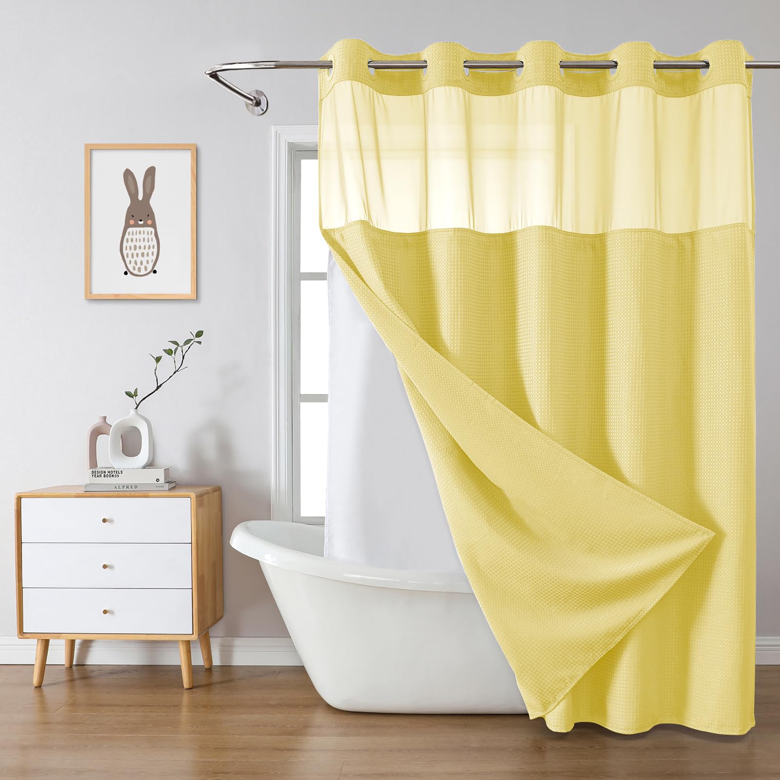 eachope BurntOrange Extra Long No Hook Waffle Weave Shower Curtain with snap-in Liner Replacement, 230GSM Waterproof Fabric Hotel Shower Curtain Set for Bathroom, Through Mesh Top Window,71Wx86H