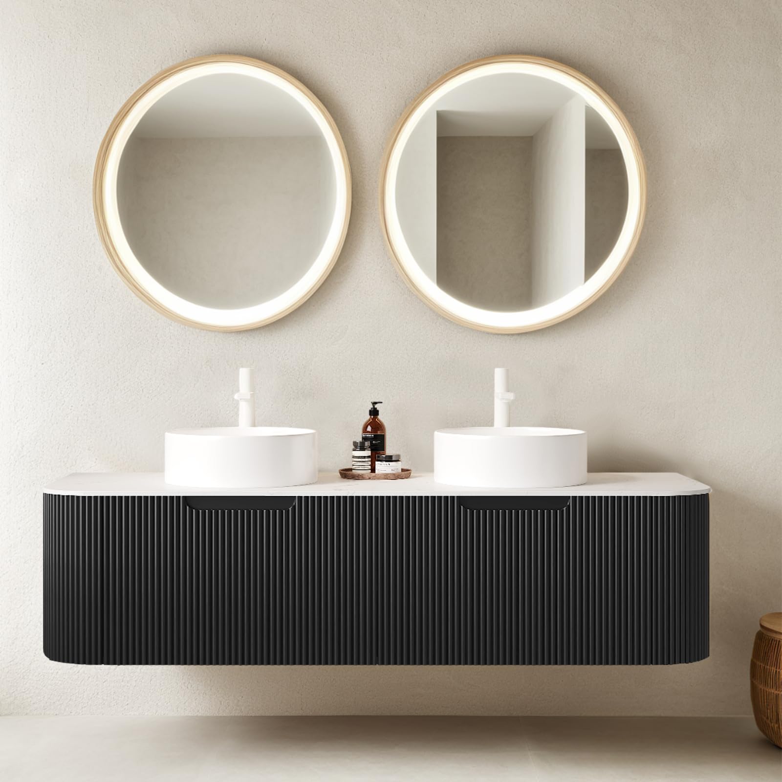24-Inch Modern Bathroom Vanity with Sink, Floating Cabinet with Ultra-Thin Ceramic Basin and Marble Top, Extra Large Storage Drawer, Soft-Close Design, Nature Wood