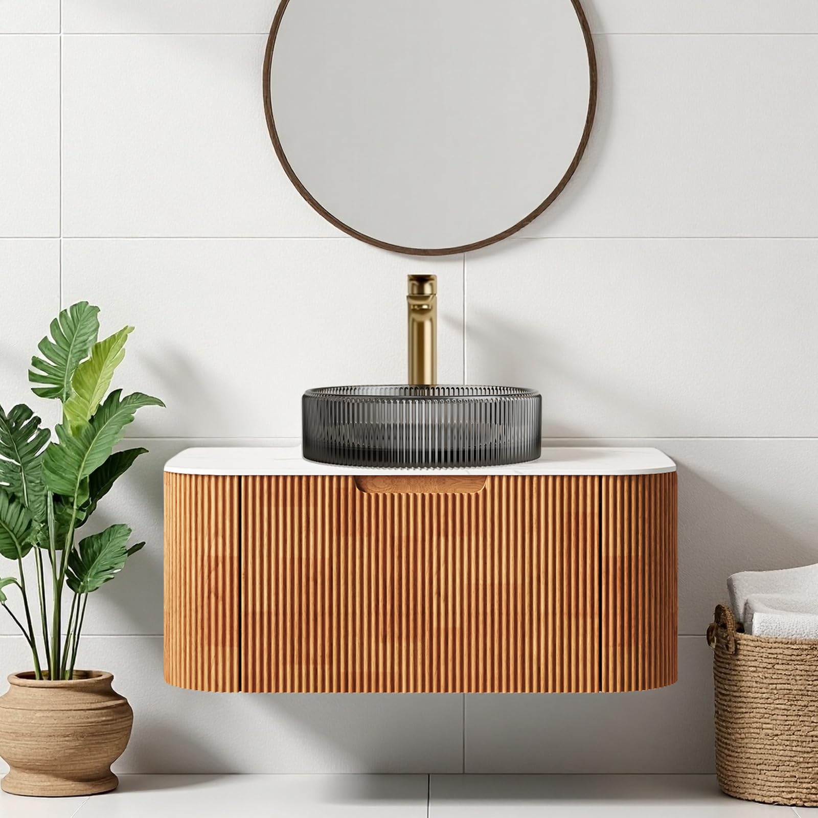 24-Inch Modern Bathroom Vanity with Sink, Floating Cabinet with Ultra-Thin Ceramic Basin and Marble Top, Extra Large Storage Drawer, Soft-Close Design, Nature Wood