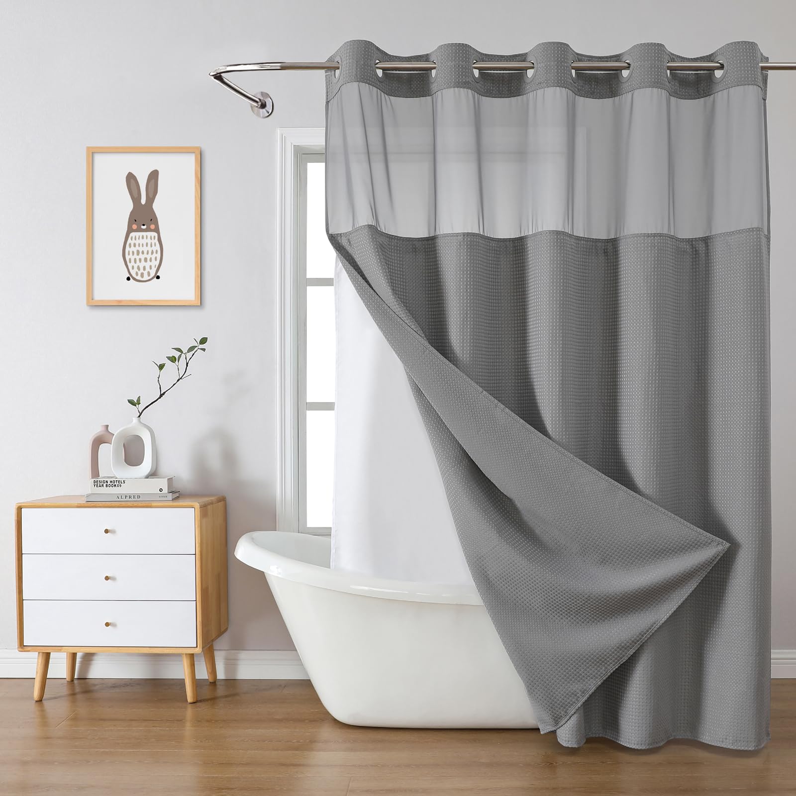 eachope BurntOrange Extra Long No Hook Waffle Weave Shower Curtain with snap-in Liner Replacement, 230GSM Waterproof Fabric Hotel Shower Curtain Set for Bathroom, Through Mesh Top Window,71Wx86H
