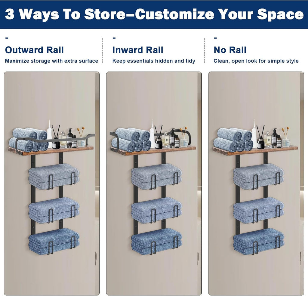 NearMoon Towel Rack with Wooden Shelf, All Metal Rustproof Towel Organizer Holder for Bathroom Storage, Wall Mounted (1 Pack, Matte Black)