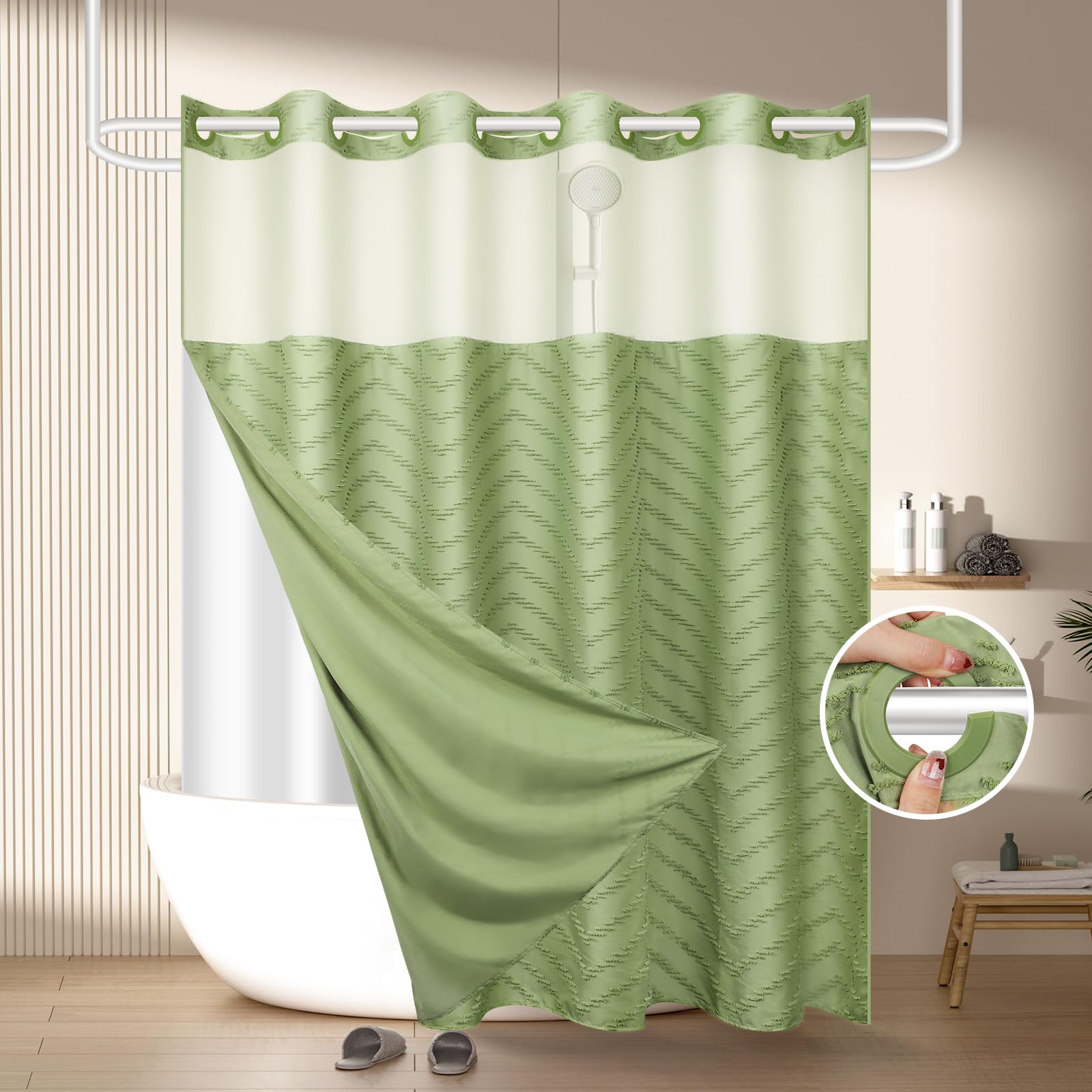 FADOTY No Hook Shower Curtain and Liner Set, Black Snap in Shower Curtain Ringless Chevron Tufted Cloth Waterproof Washable Fabric Bath Curtain with See Through Top Window for Bathroom Hotel 71" x 74"