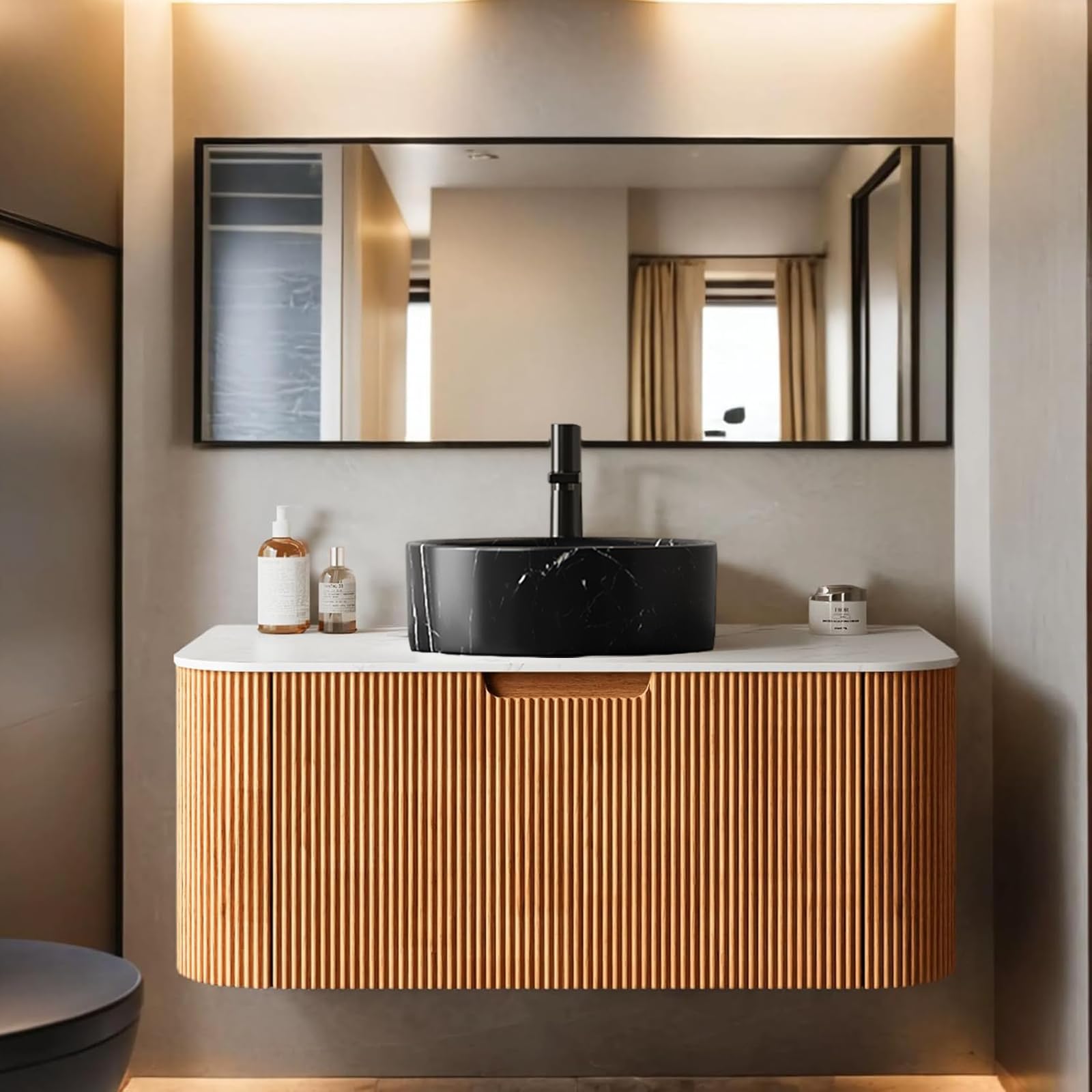 24-Inch Modern Bathroom Vanity with Sink, Floating Cabinet with Ultra-Thin Ceramic Basin and Marble Top, Extra Large Storage Drawer, Soft-Close Design, Nature Wood