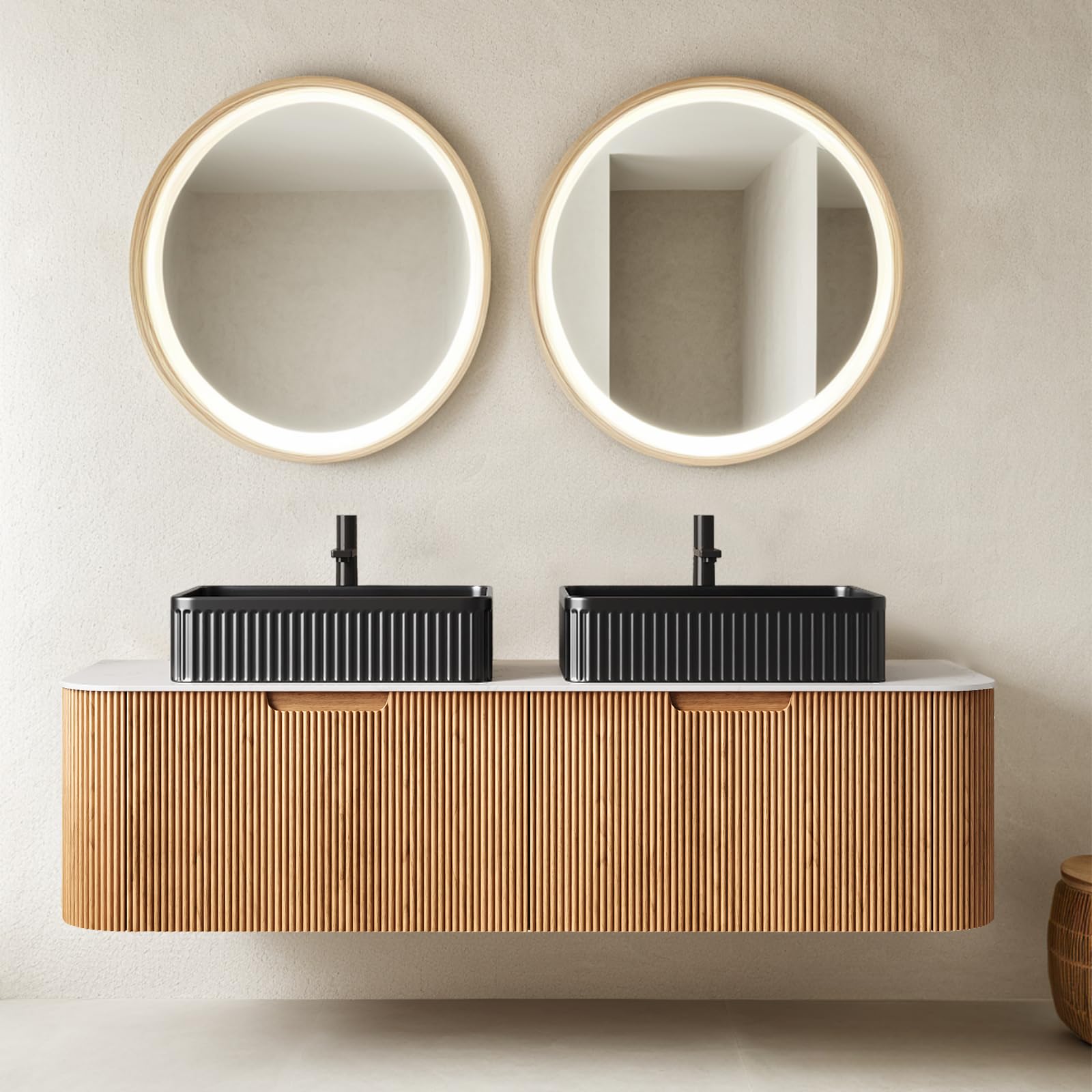 24-Inch Modern Bathroom Vanity with Sink, Floating Cabinet with Ultra-Thin Ceramic Basin and Marble Top, Extra Large Storage Drawer, Soft-Close Design, Nature Wood