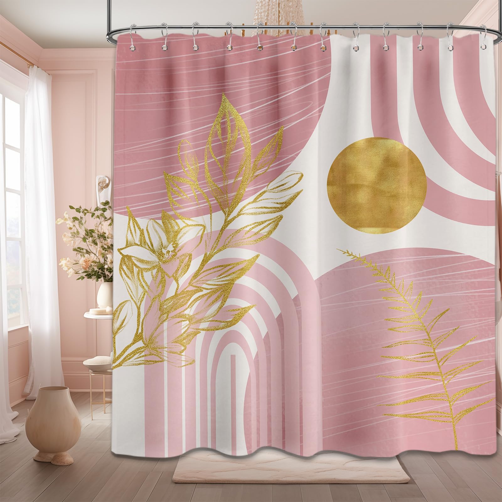 Mid Century Modern Black and Brown Shower Curtain Boho Beige and Dark Tan Gold Shower Curtains for Mens Bathroom Decor Sets, Waterproof Cloth Fabric with Hooks, 70x72in