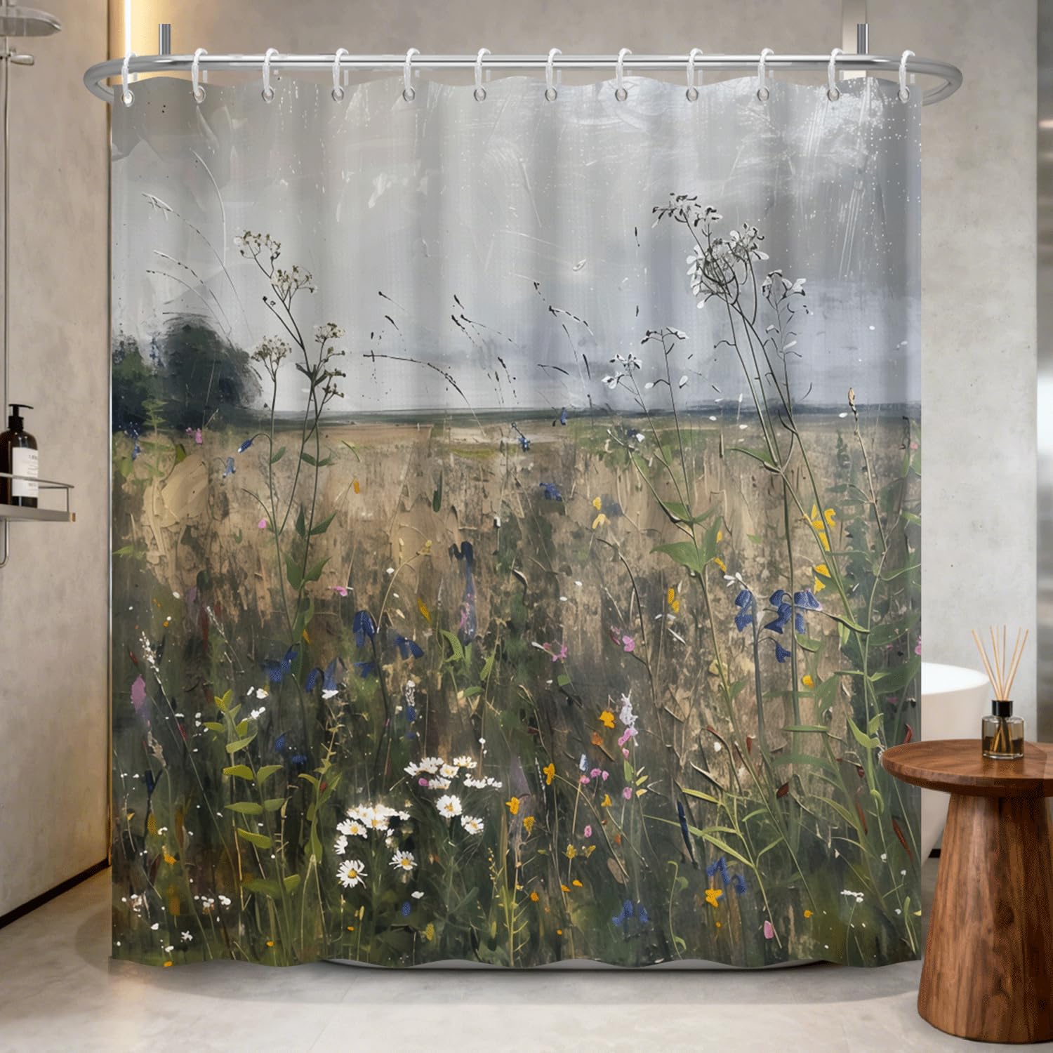 Mountain Landscape Shower Curtain with Hooks, Zen Inspired Design with Birds & Scenic Path, Waterproof Fabric Bath Curtain for Nature Lovers Bathroom Decor, 71x74 Inch