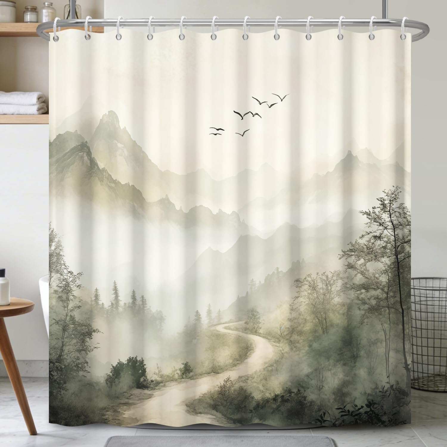 Birch Tree Shower Curtain 71x74 Inch – Woodland Forest Watercolor Landscape Print Waterproof Bathroom Curtain with Rust-Proof Hooks for Farmhouse Rustic Scandinavian Bath Decor