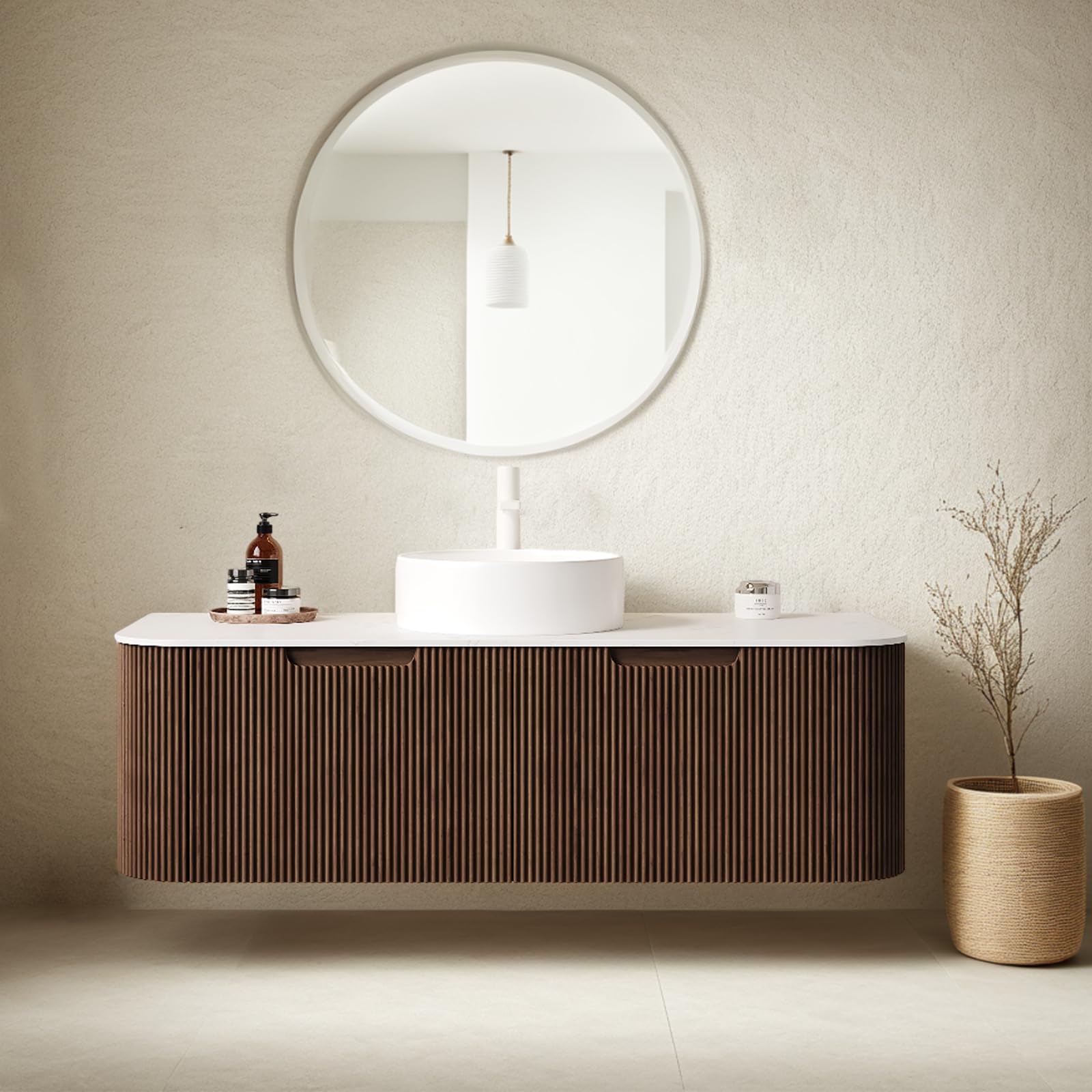 24-Inch Modern Bathroom Vanity with Sink, Floating Cabinet with Ultra-Thin Ceramic Basin and Marble Top, Extra Large Storage Drawer, Soft-Close Design, Nature Wood