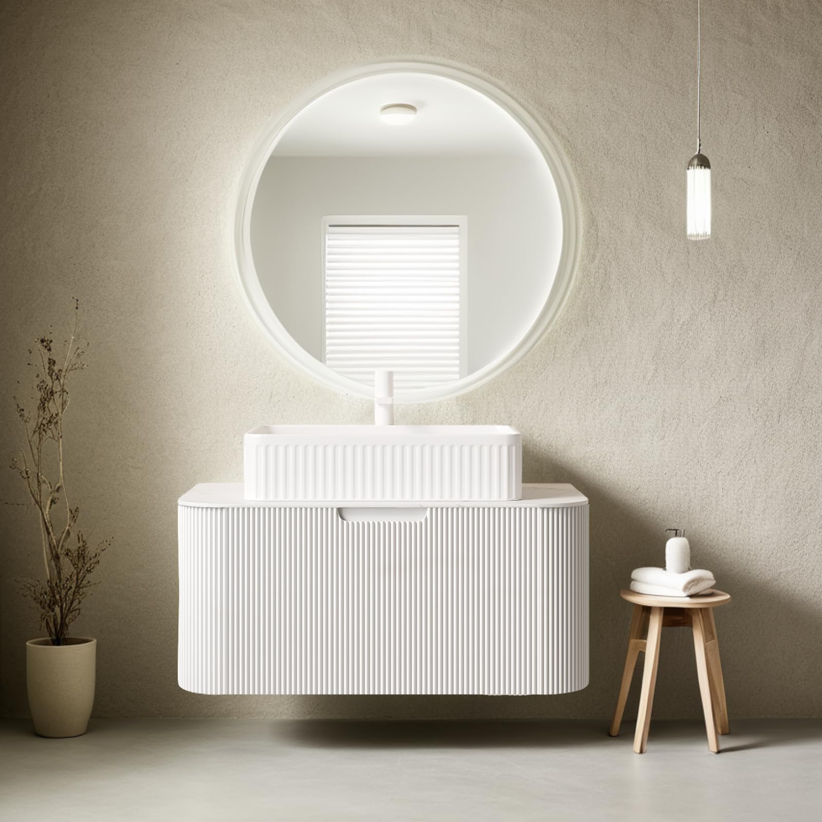 24-Inch Modern Bathroom Vanity with Sink, Floating Cabinet with Ultra-Thin Ceramic Basin and Marble Top, Extra Large Storage Drawer, Soft-Close Design, Nature Wood