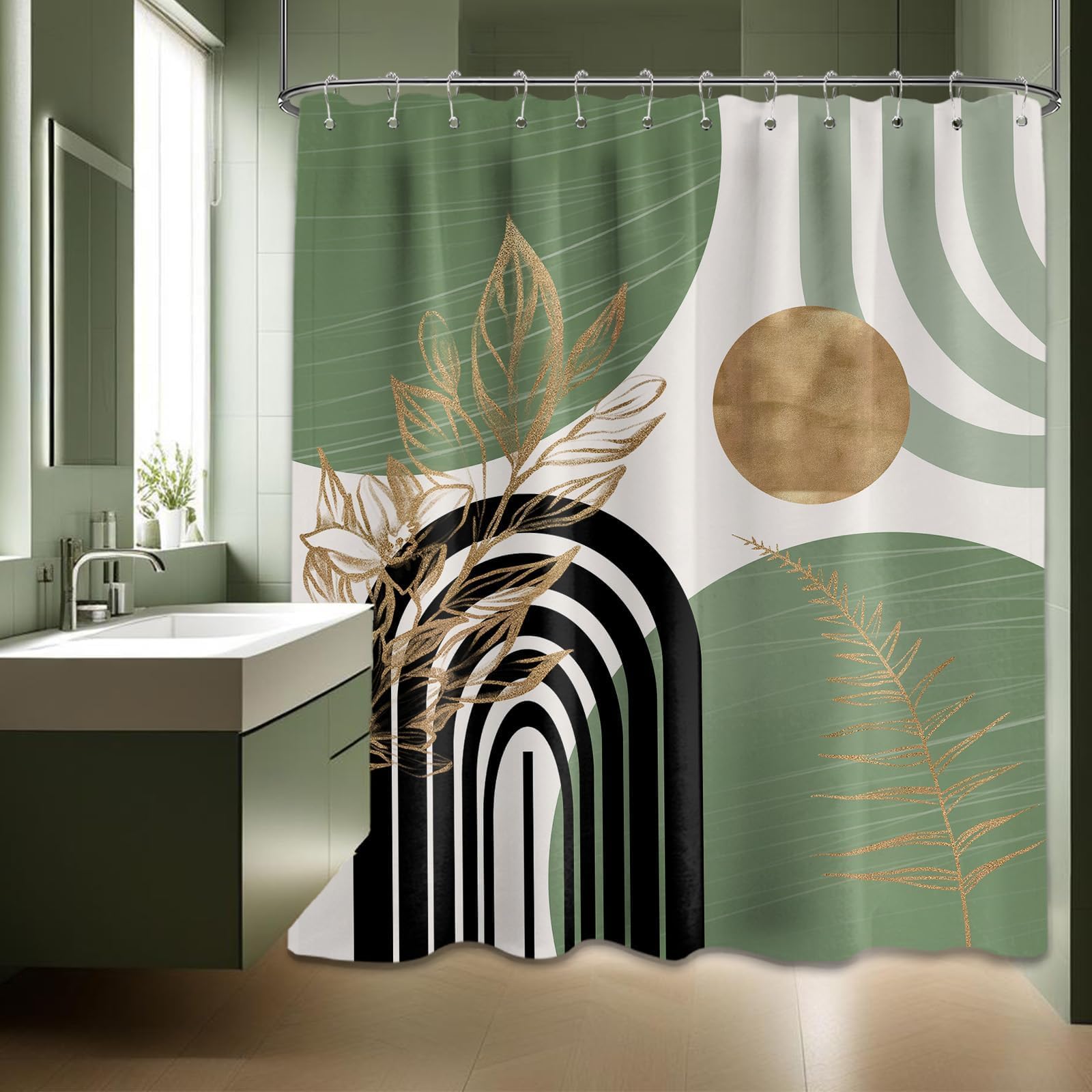 Mid Century Modern Black and Brown Shower Curtain Boho Beige and Dark Tan Gold Shower Curtains for Mens Bathroom Decor Sets, Waterproof Cloth Fabric with Hooks, 70x72in