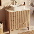 Concho 55'' Fluted Bathroom Vanity with Double Ceramic Sink, Modern Bathroom Sink Storage Cabinet with Wood Marble Top & 4 Spacious Drawers, Freestanding Bathroom Vanity Cabinet, Natural Oak