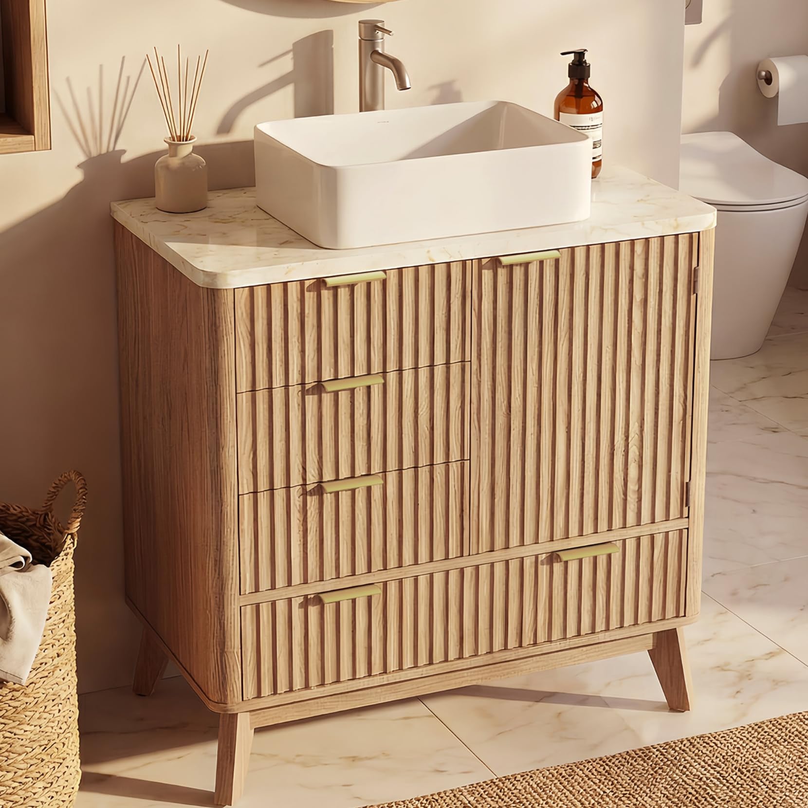 Concho 55'' Fluted Bathroom Vanity with Double Ceramic Sink, Modern Bathroom Sink Storage Cabinet with Wood Marble Top & 4 Spacious Drawers, Freestanding Bathroom Vanity Cabinet, Natural Oak