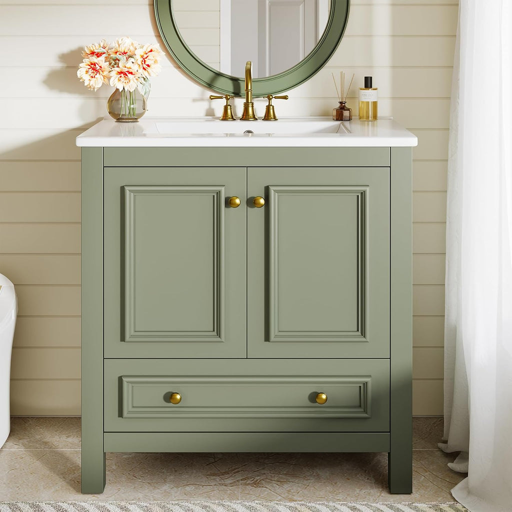 Tribesigns 30" Modern Bathroom Vanity with Sink, Freestanding Bathroom Vanities Cabinet with Ceramic Basin Combo, Bathroom Sink Cabinet with 2 Doors and 1 Drawer, Solid Wooden Frame, Olive Green