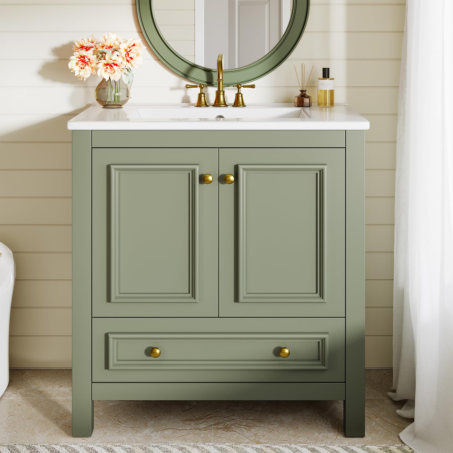 Tribesigns 30" Modern Bathroom Vanity with Sink, Freestanding Bathroom Vanities Cabinet with Ceramic Basin Combo, Bathroom Sink Cabinet with 2 Doors and 1 Drawer, Solid Wooden Frame, Olive Green