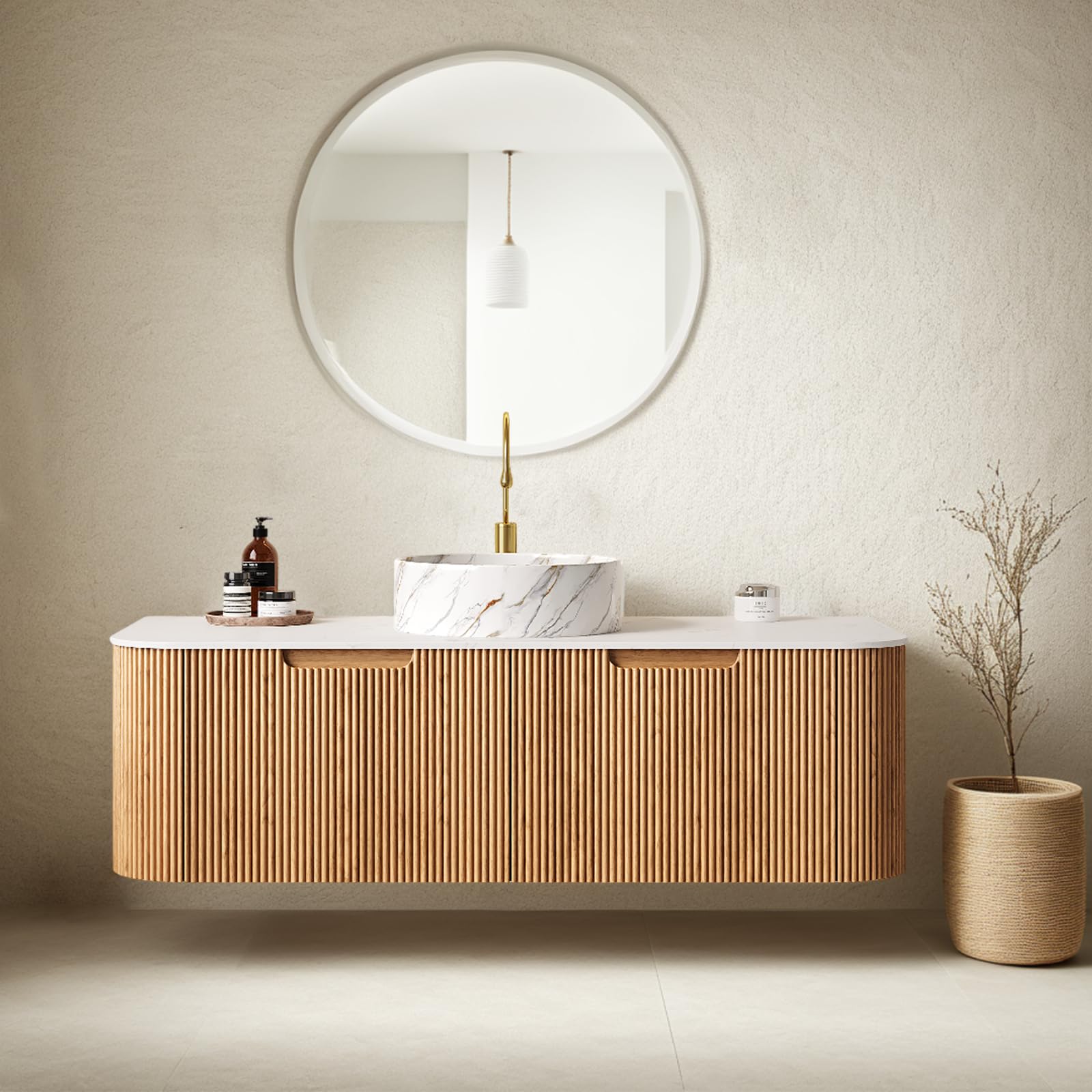 24-Inch Modern Bathroom Vanity with Sink, Floating Cabinet with Ultra-Thin Ceramic Basin and Marble Top, Extra Large Storage Drawer, Soft-Close Design, Nature Wood