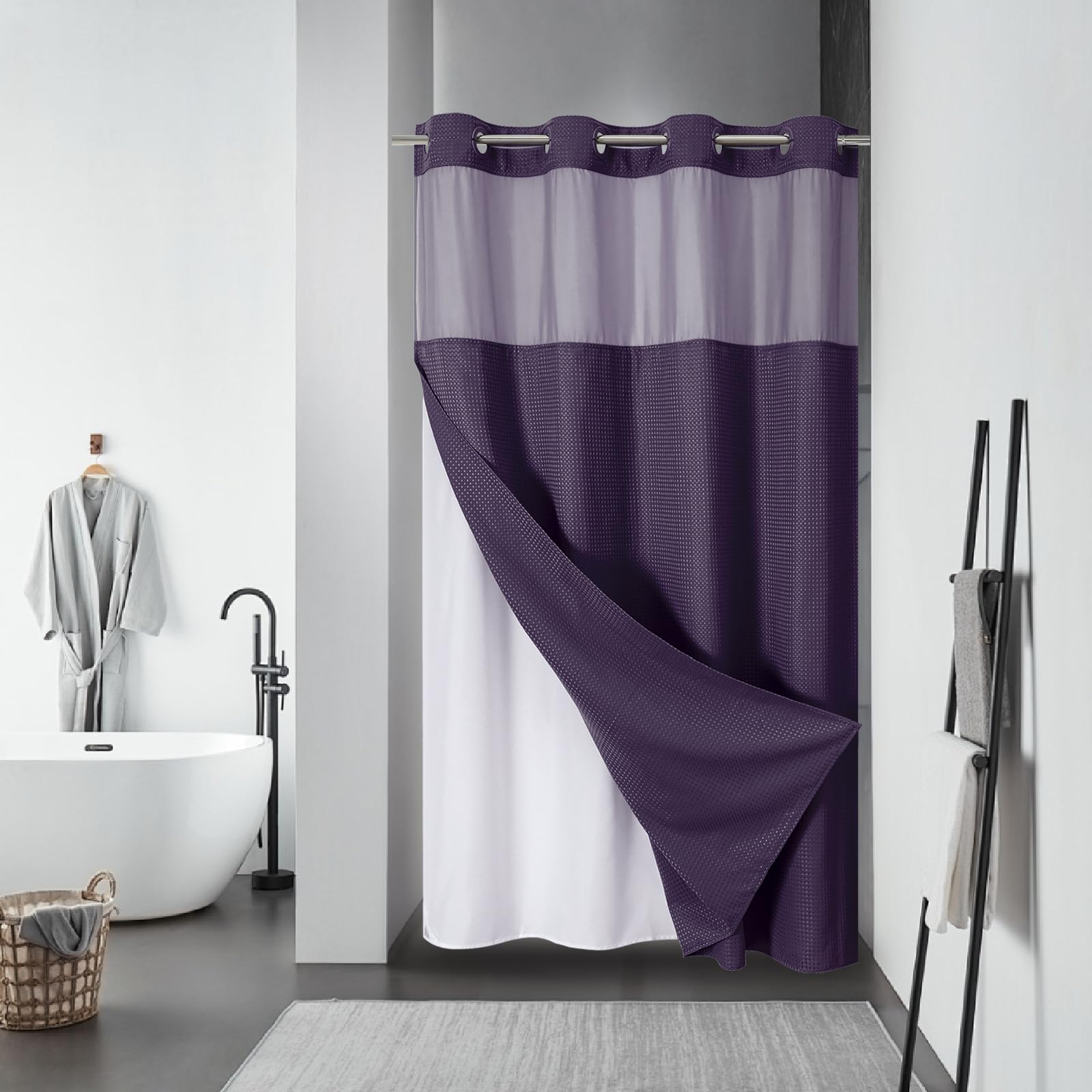 eachope BurntOrange Extra Long No Hook Waffle Weave Shower Curtain with snap-in Liner Replacement, 230GSM Waterproof Fabric Hotel Shower Curtain Set for Bathroom, Through Mesh Top Window,71Wx86H