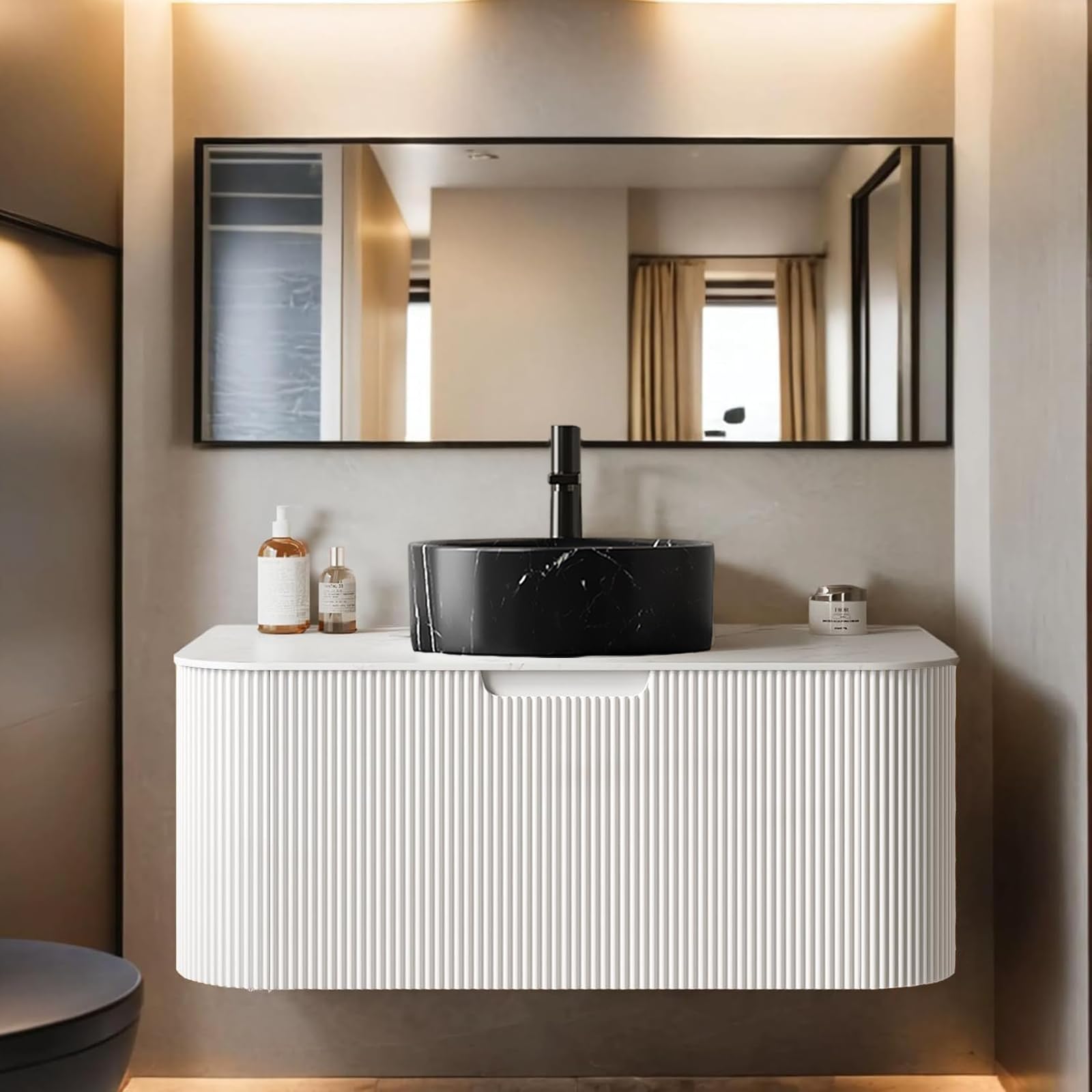 24-Inch Modern Bathroom Vanity with Sink, Floating Cabinet with Ultra-Thin Ceramic Basin and Marble Top, Extra Large Storage Drawer, Soft-Close Design, Nature Wood