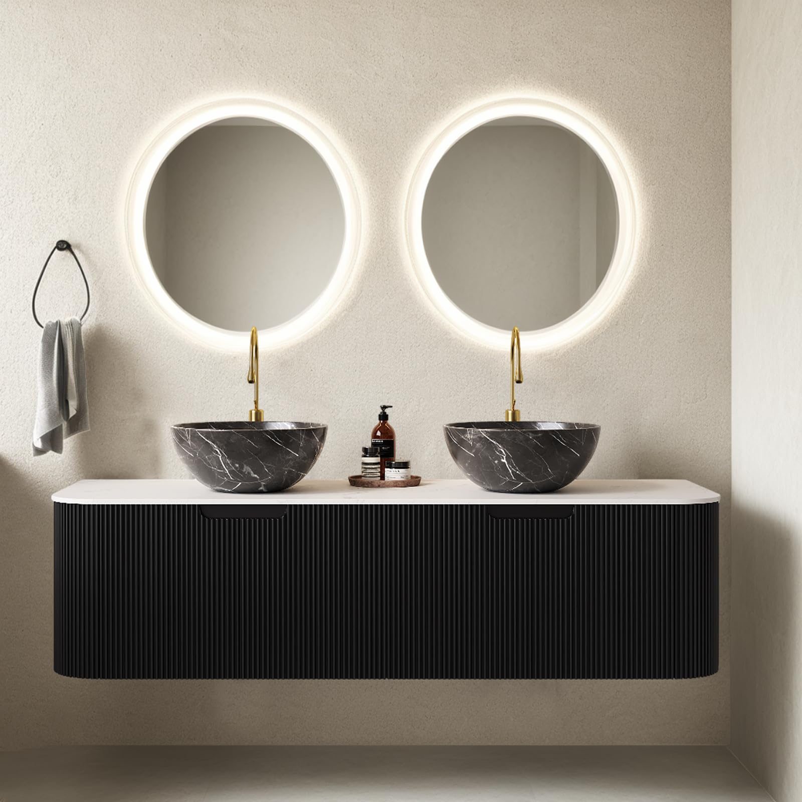 24-Inch Modern Bathroom Vanity with Sink, Floating Cabinet with Ultra-Thin Ceramic Basin and Marble Top, Extra Large Storage Drawer, Soft-Close Design, Nature Wood