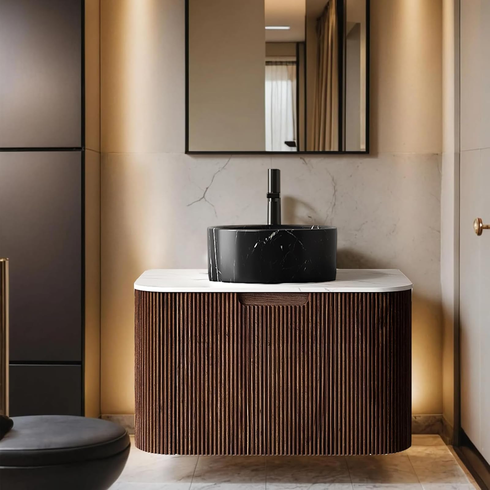 24-Inch Modern Bathroom Vanity with Sink, Floating Cabinet with Ultra-Thin Ceramic Basin and Marble Top, Extra Large Storage Drawer, Soft-Close Design, Nature Wood