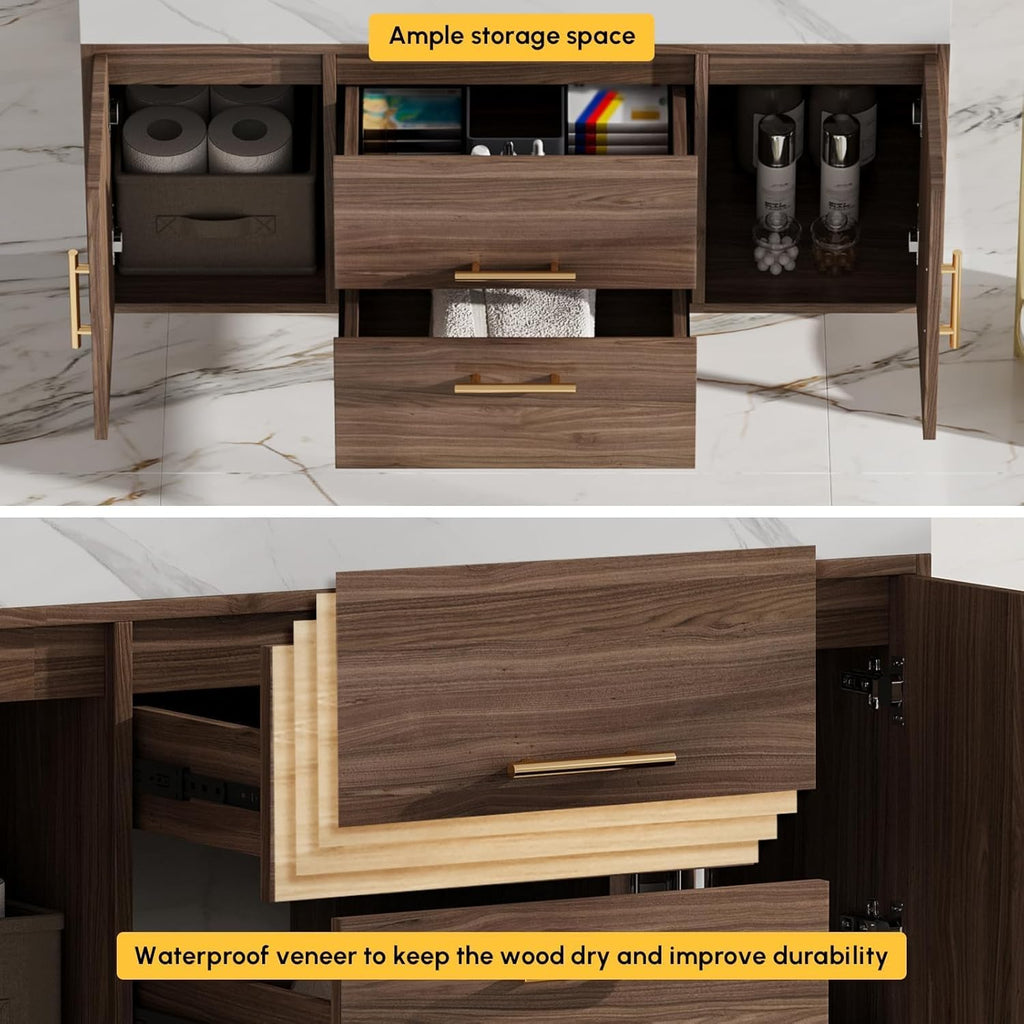 homary 39.4" Bathroom Vanity with Sink-Modern Bathroom Floating Vanity with Sintered Stone Countertop and 2 Drawers 2 Storage Cabinets, Undercounter Ceramic Sink, Walnut