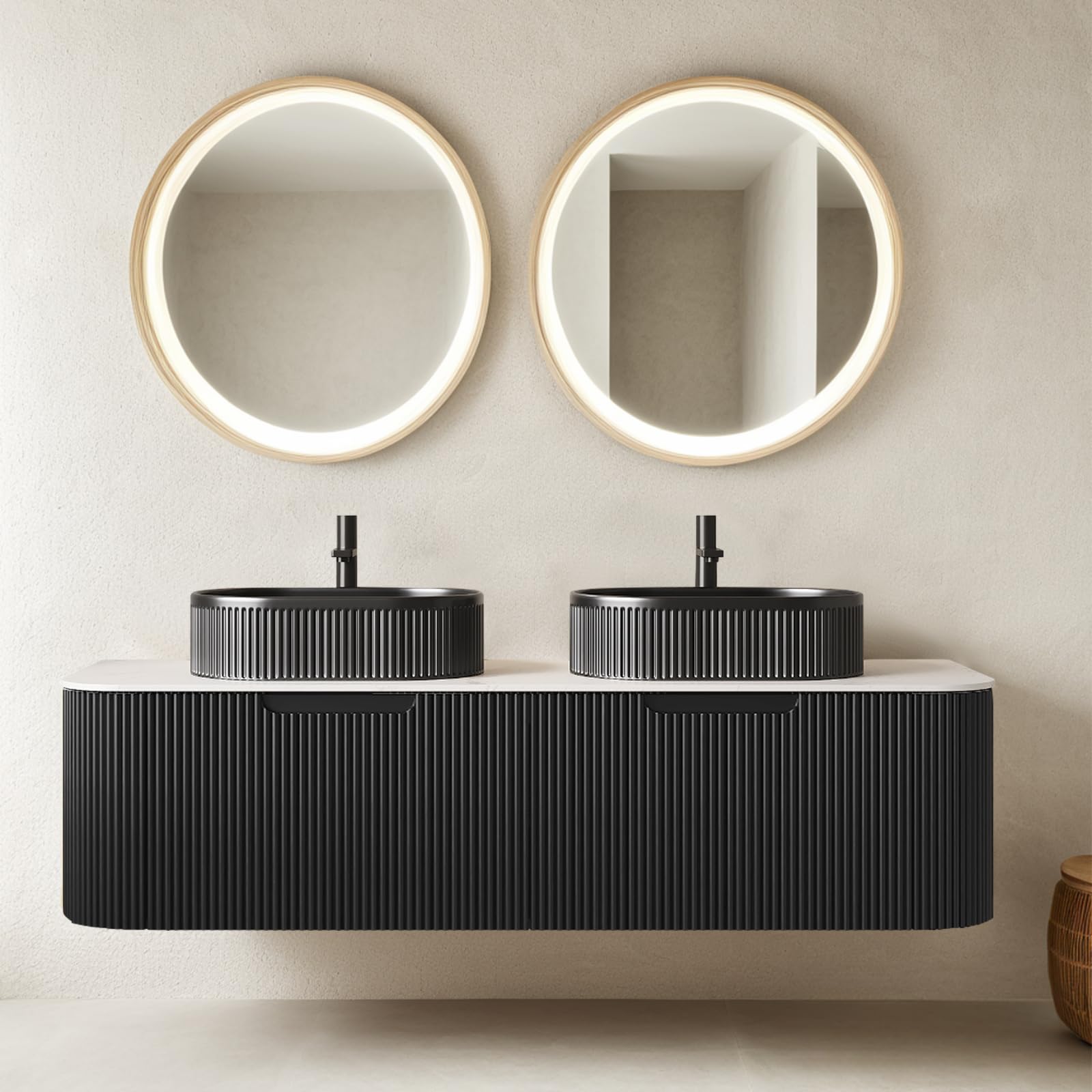 24-Inch Modern Bathroom Vanity with Sink, Floating Cabinet with Ultra-Thin Ceramic Basin and Marble Top, Extra Large Storage Drawer, Soft-Close Design, Nature Wood
