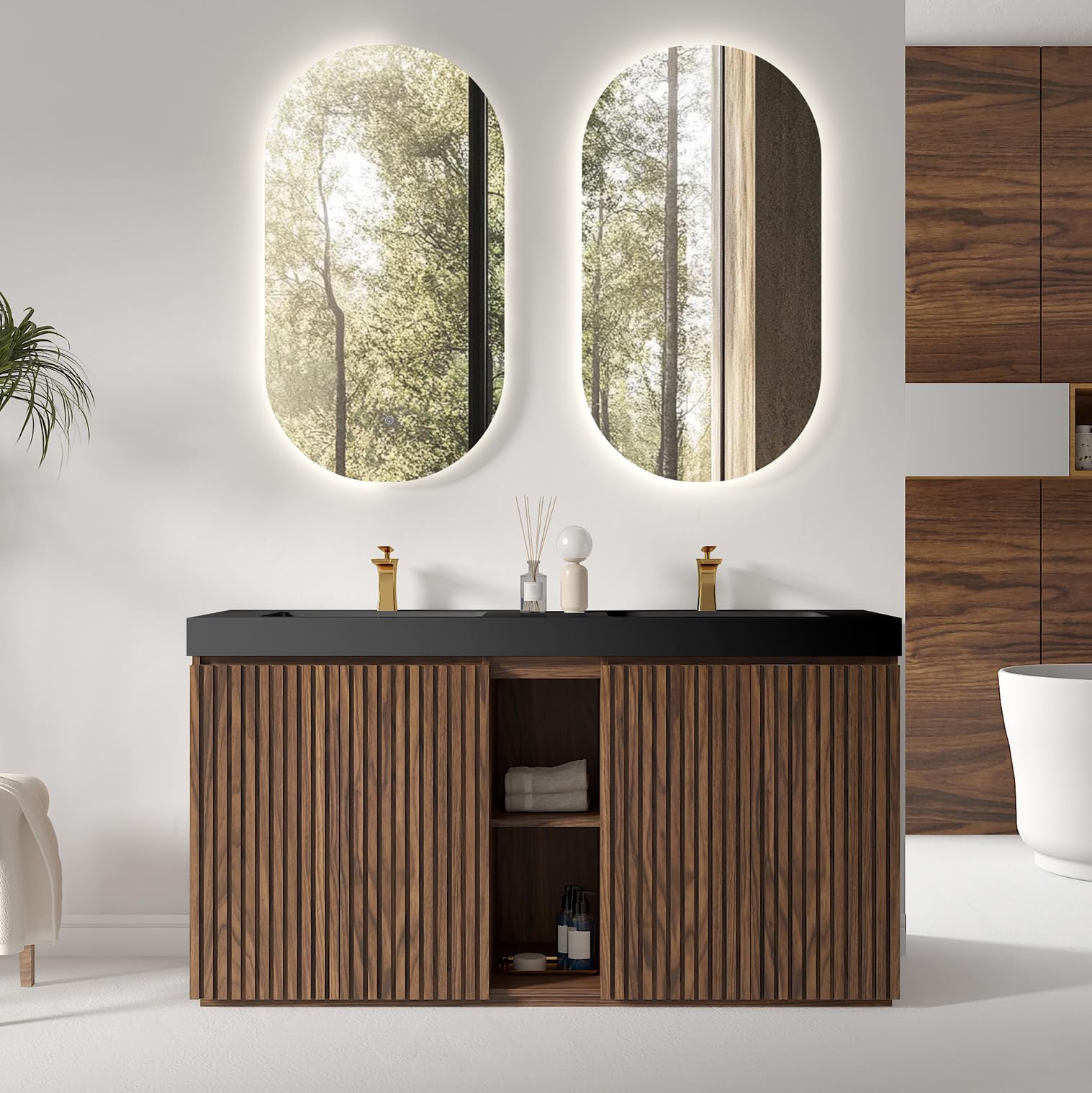 60" Bathroom Vanity with Double Sink, Freestanding Double Sink Bathroom Vanity with White Engineered Stone Top, Open Storage Cabinet & Adjustable Shelf, 4 Soft-Closing Doors, Smoked Oak Brown