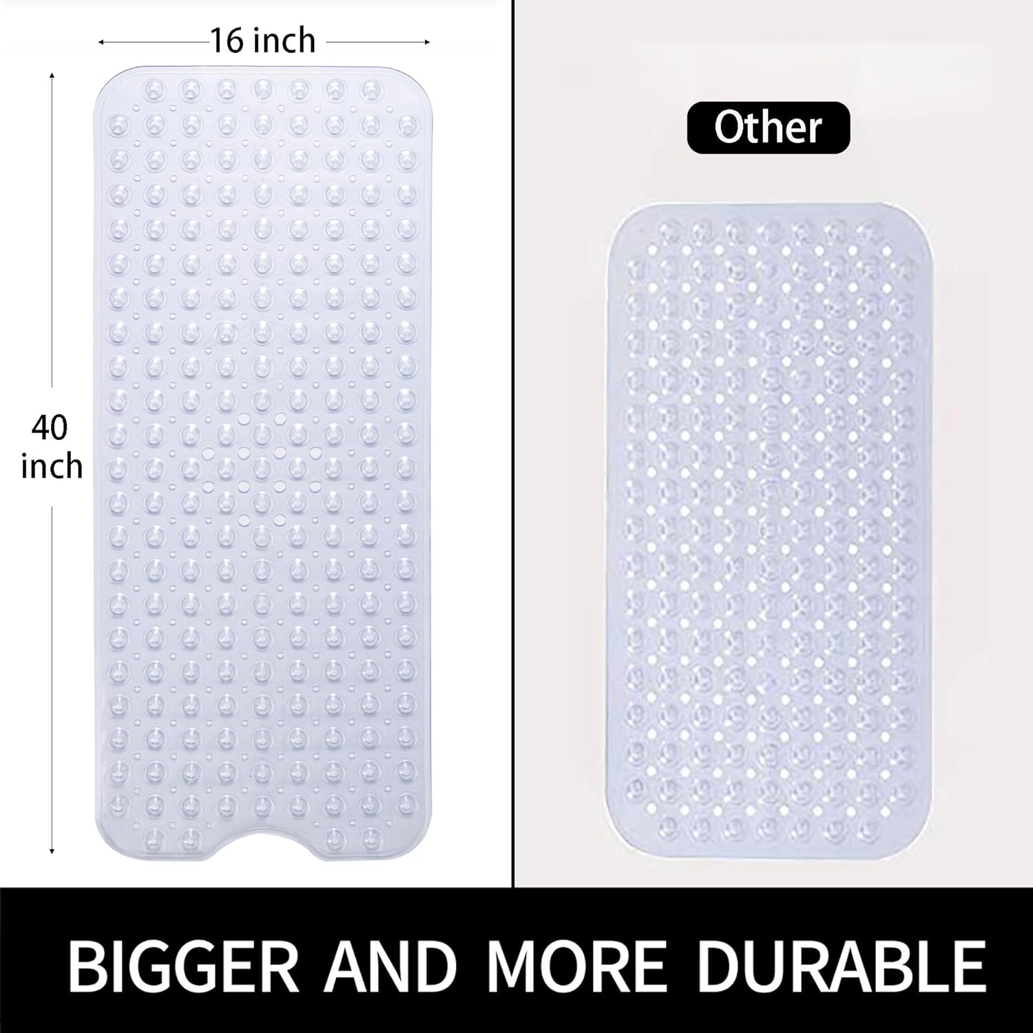 Extra Long Non Slip Bathtub Mat - 40 x 16 Inch Machine Washable Tub Mats with Suction Cups and Drain Holes for Bathroom