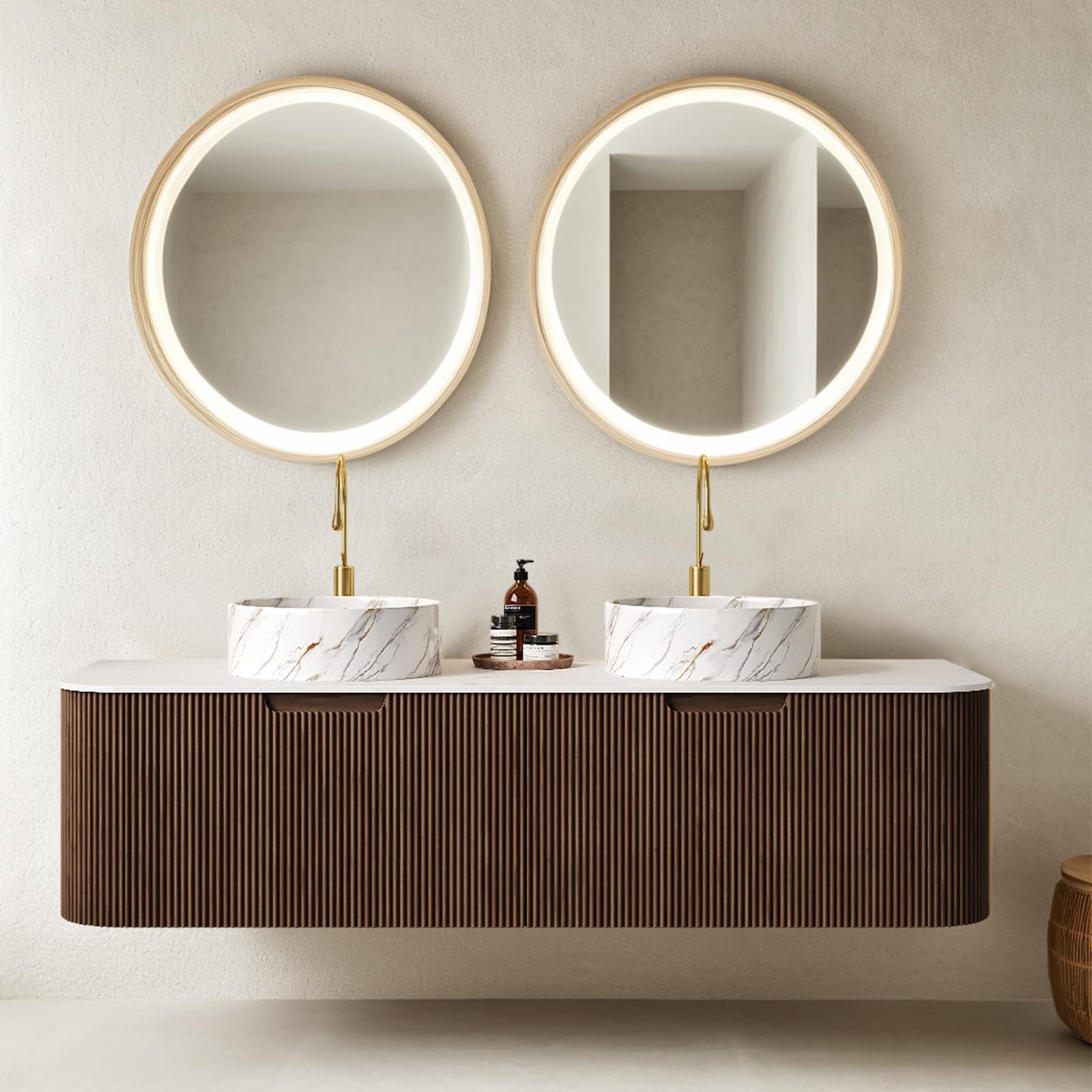 24-Inch Modern Bathroom Vanity with Sink, Floating Cabinet with Ultra-Thin Ceramic Basin and Marble Top, Extra Large Storage Drawer, Soft-Close Design, Nature Wood