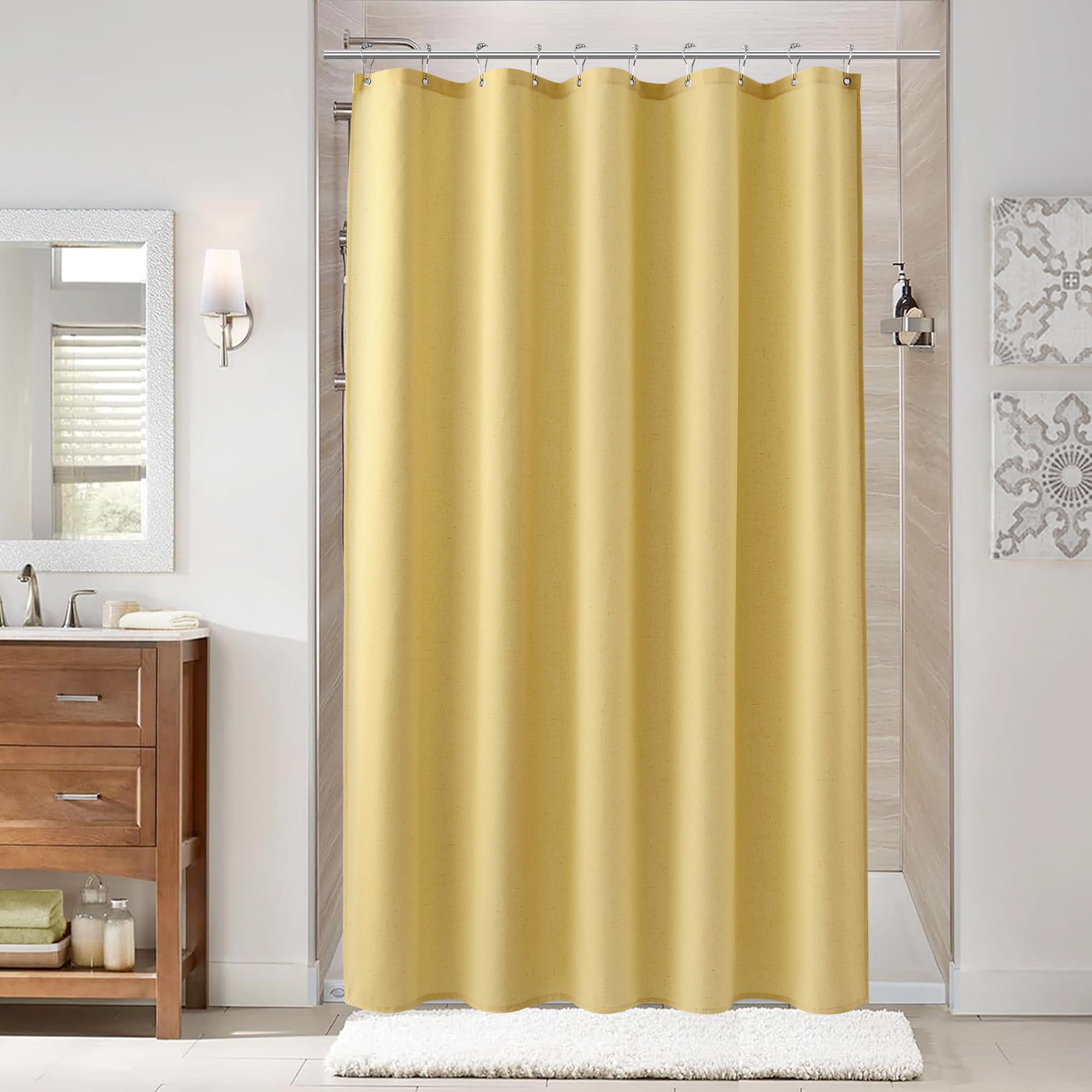 Naturoom Natural Linen Shower Curtain, Country Boho Farmhouse Bath Decor Beige Shower Curtains for Bathroom Neutral Cloth Weighted Textured Fabric Bath Curtain Liner with Hooks, Cream, 72 Inch