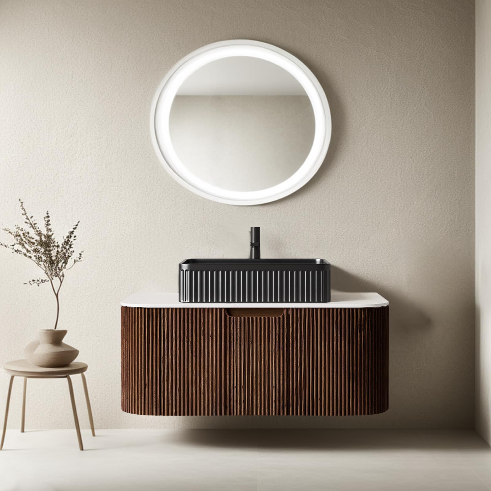 24-Inch Modern Bathroom Vanity with Sink, Floating Cabinet with Ultra-Thin Ceramic Basin and Marble Top, Extra Large Storage Drawer, Soft-Close Design, Nature Wood