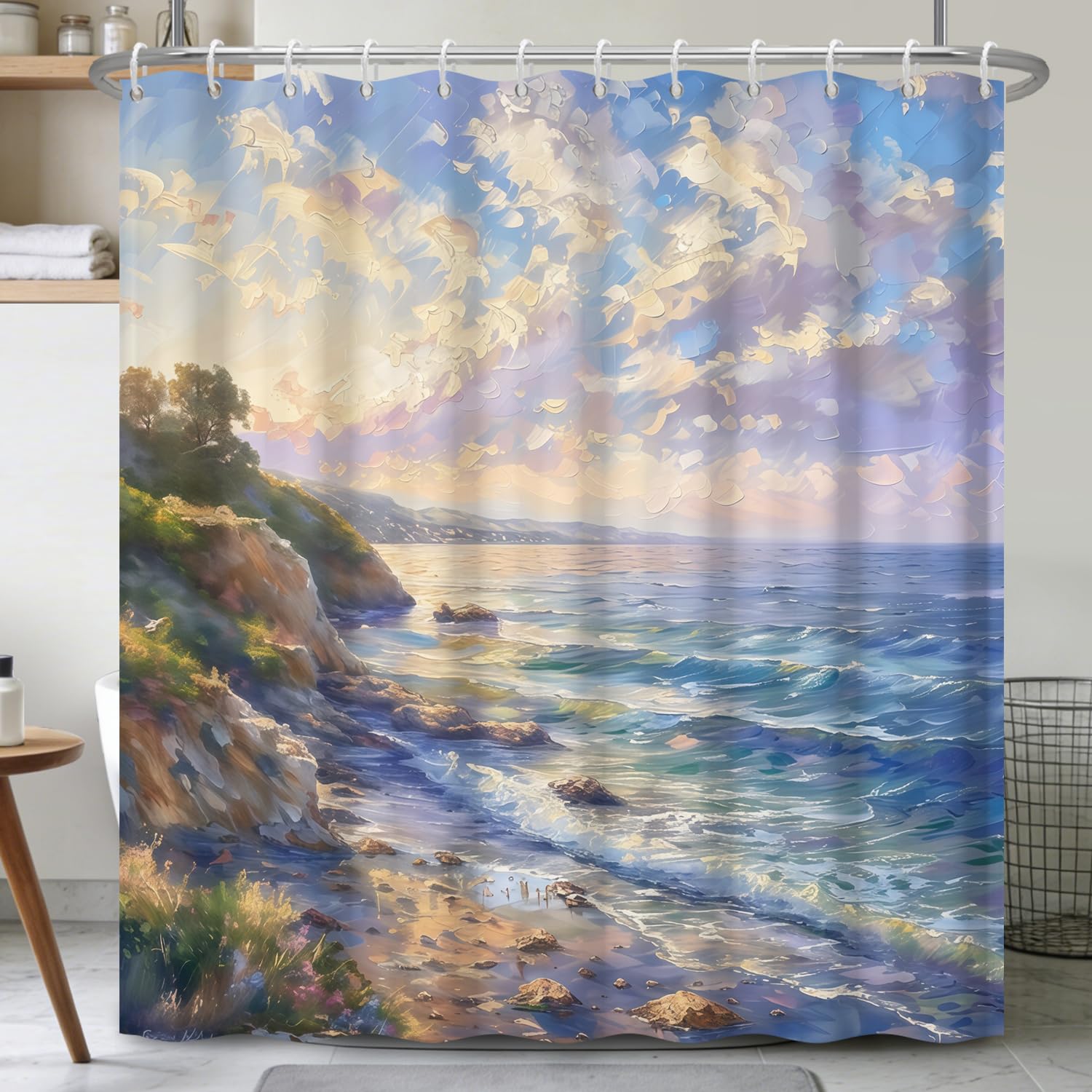 Birch Tree Shower Curtain 71x74 Inch – Woodland Forest Watercolor Landscape Print Waterproof Bathroom Curtain with Rust-Proof Hooks for Farmhouse Rustic Scandinavian Bath Decor