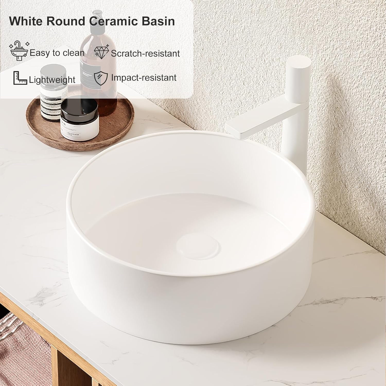 24-Inch Modern Bathroom Vanity with Sink, Floating Cabinet with Ultra-Thin Ceramic Basin and Marble Top, Extra Large Storage Drawer, Soft-Close Design, Nature Wood