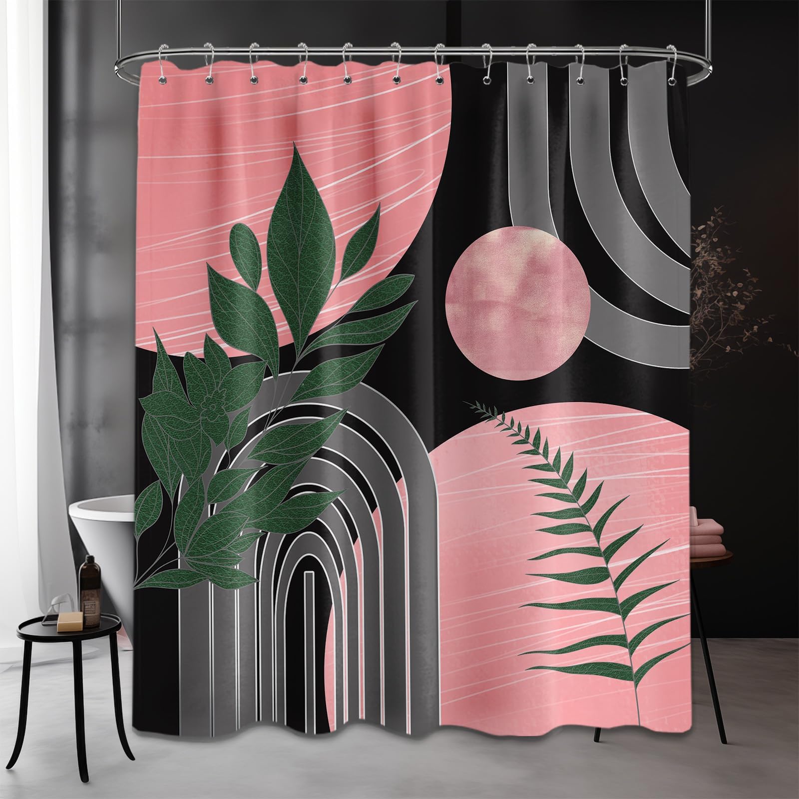 Mid Century Modern Black and Brown Shower Curtain Boho Beige and Dark Tan Gold Shower Curtains for Mens Bathroom Decor Sets, Waterproof Cloth Fabric with Hooks, 70x72in