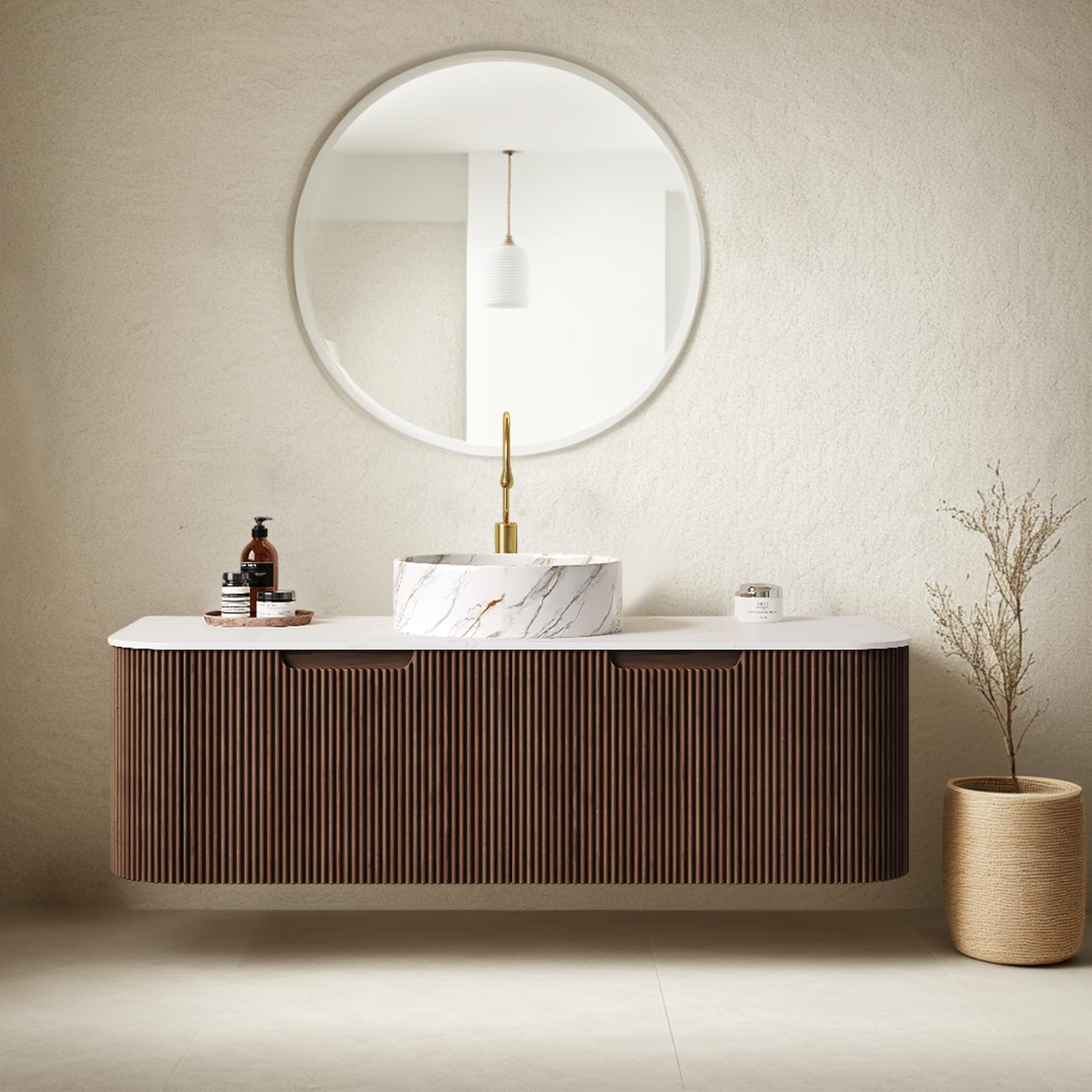 24-Inch Modern Bathroom Vanity with Sink, Floating Cabinet with Ultra-Thin Ceramic Basin and Marble Top, Extra Large Storage Drawer, Soft-Close Design, Nature Wood