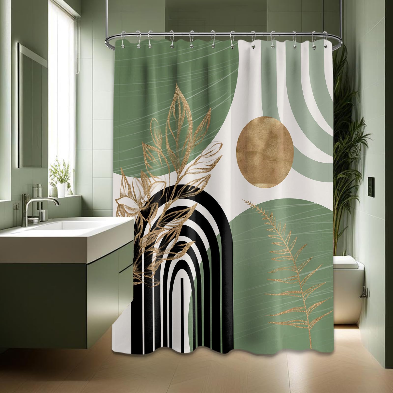 Mid Century Modern Black and Brown Shower Curtain Boho Beige and Dark Tan Gold Shower Curtains for Mens Bathroom Decor Sets, Waterproof Cloth Fabric with Hooks, 70x72in