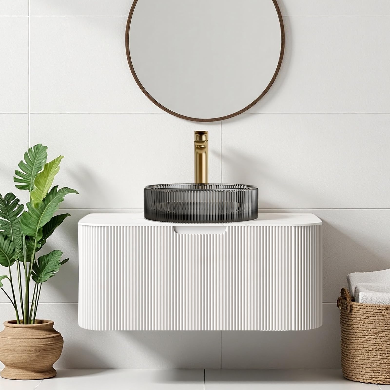 24-Inch Modern Bathroom Vanity with Sink, Floating Cabinet with Ultra-Thin Ceramic Basin and Marble Top, Extra Large Storage Drawer, Soft-Close Design, Nature Wood