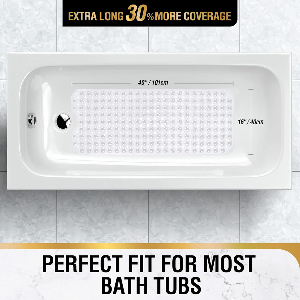 HITSLAM Bath Mat for Tub, Non Slip Bathtub Mat, 40 x 16 Inch Extra Long Bath Tub Mat, Machine Washable Bathroom Shower Mat with Suction Cups and Drain Holes, Soft on Feet, Clear