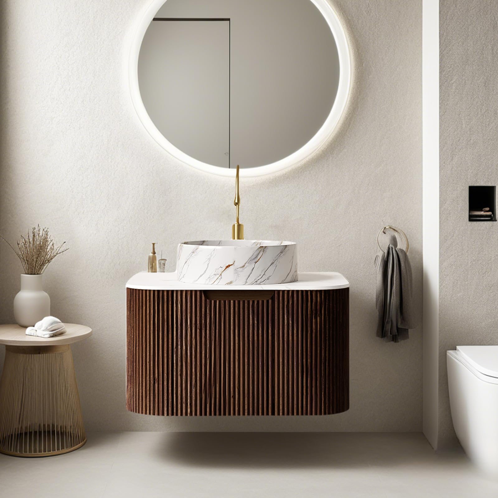 24-Inch Modern Bathroom Vanity with Sink, Floating Cabinet with Ultra-Thin Ceramic Basin and Marble Top, Extra Large Storage Drawer, Soft-Close Design, Nature Wood