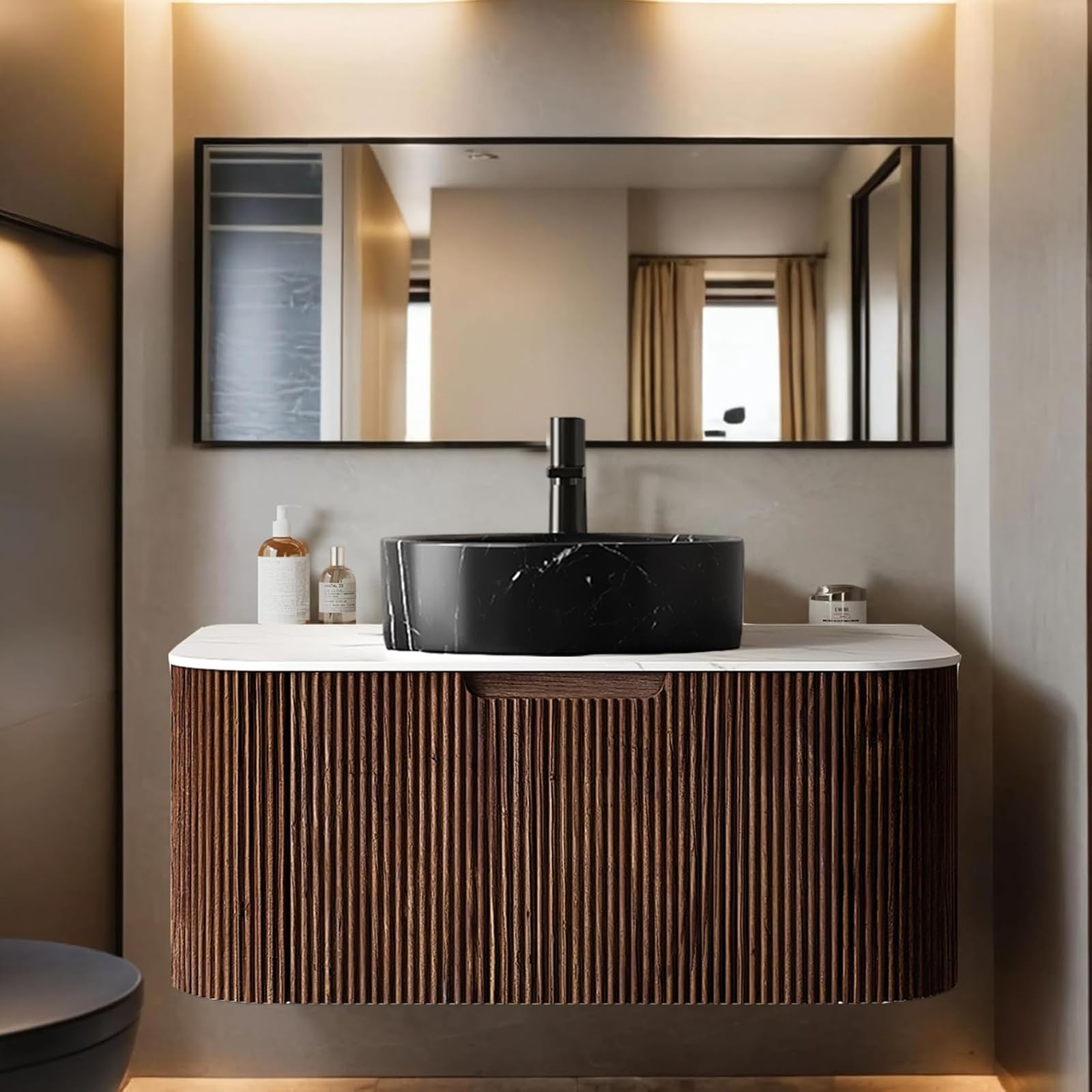 24-Inch Modern Bathroom Vanity with Sink, Floating Cabinet with Ultra-Thin Ceramic Basin and Marble Top, Extra Large Storage Drawer, Soft-Close Design, Nature Wood