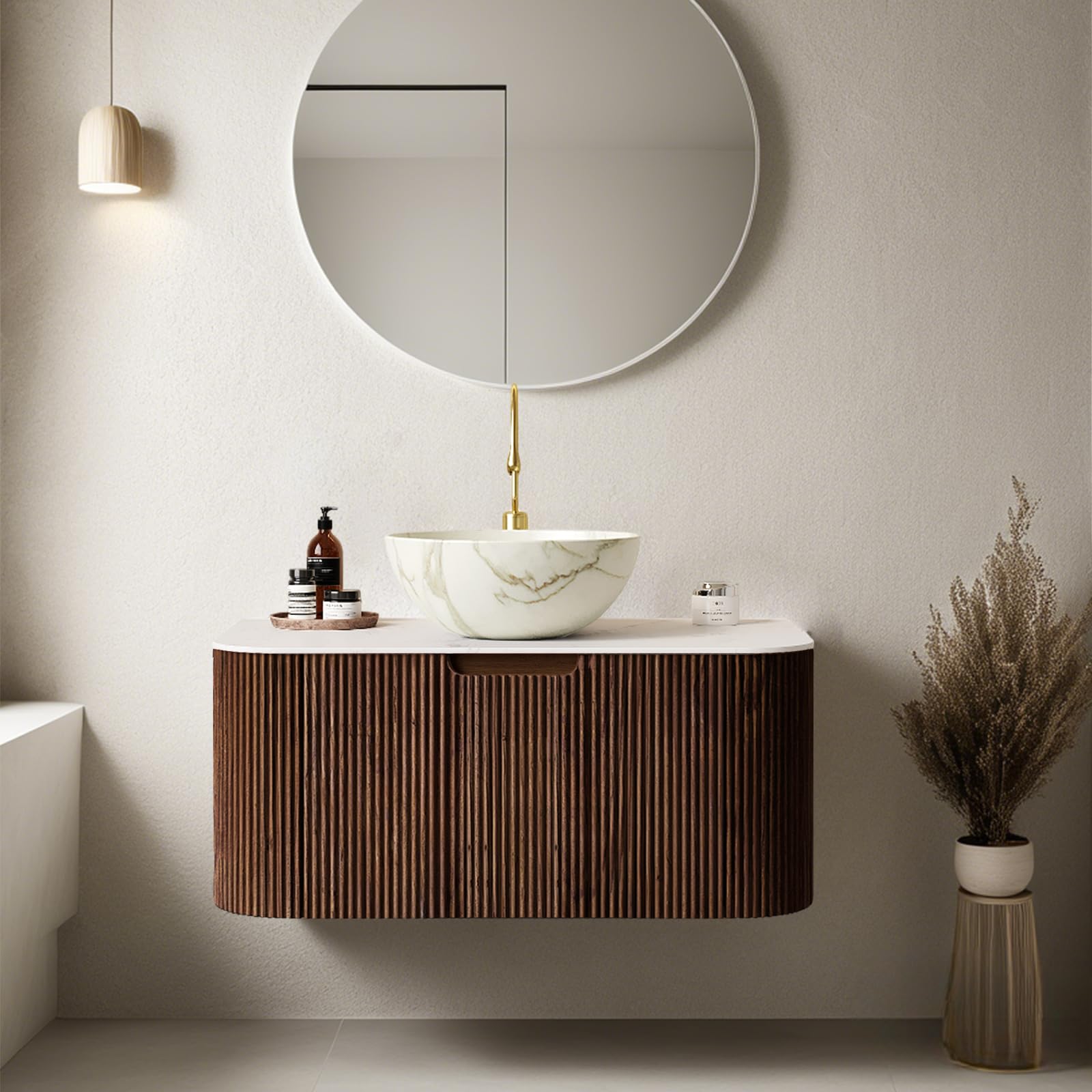 24-Inch Modern Bathroom Vanity with Sink, Floating Cabinet with Ultra-Thin Ceramic Basin and Marble Top, Extra Large Storage Drawer, Soft-Close Design, Nature Wood