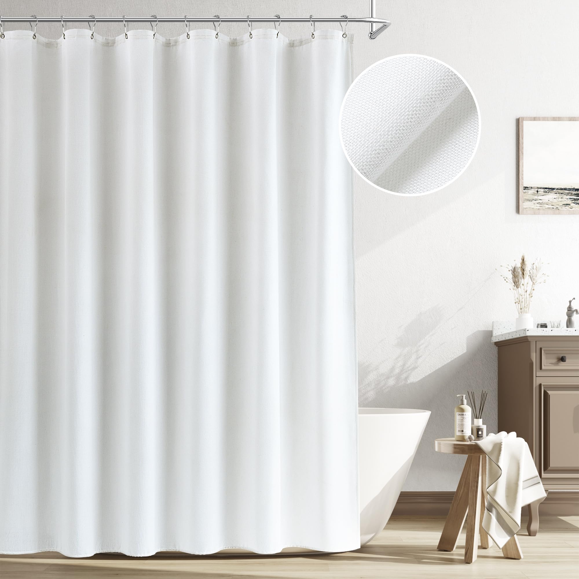 Naturoom Natural Linen Shower Curtain, Country Boho Farmhouse Bath Decor Beige Shower Curtains for Bathroom Neutral Cloth Weighted Textured Fabric Bath Curtain Liner with Hooks, Cream, 72 Inch