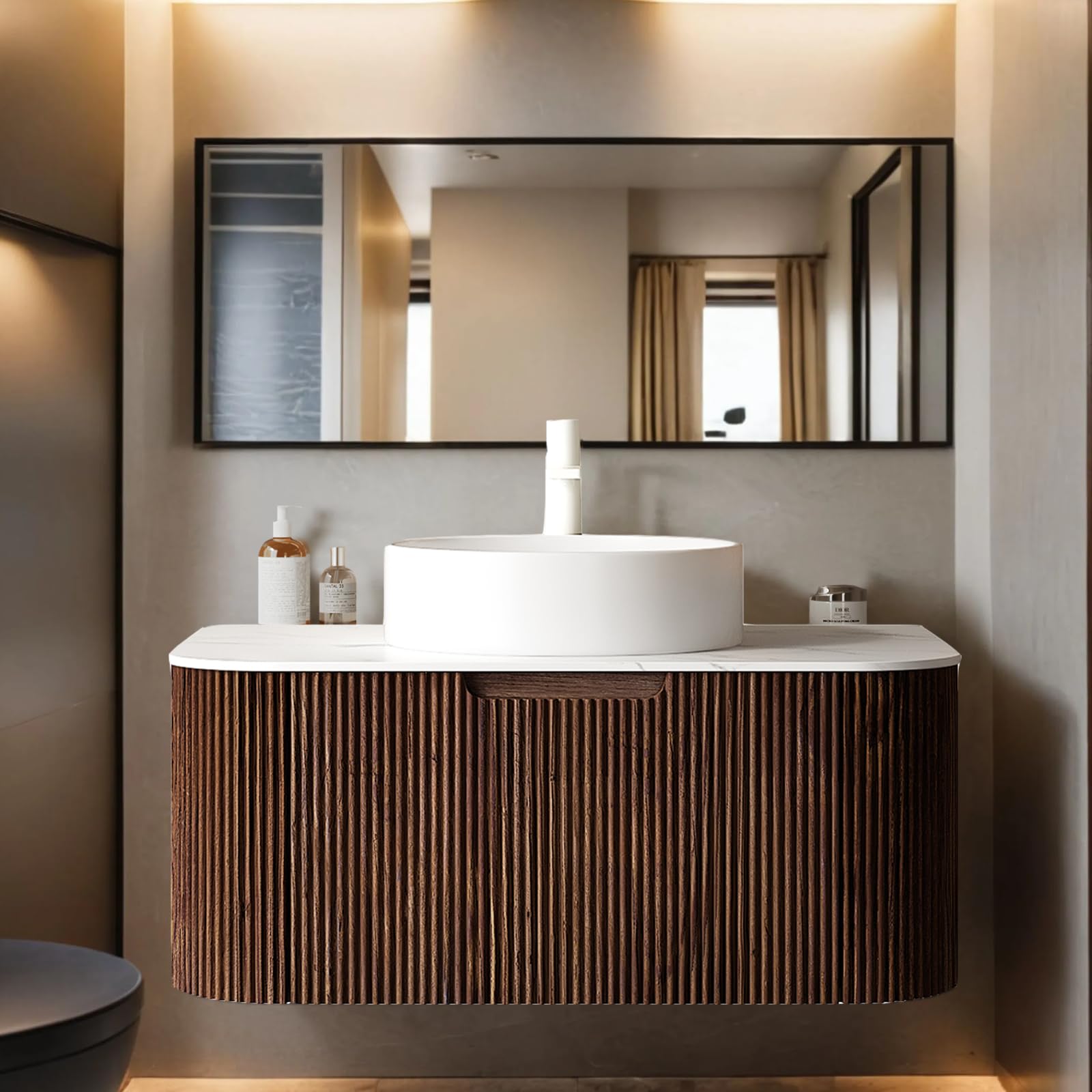 24-Inch Modern Bathroom Vanity with Sink, Floating Cabinet with Ultra-Thin Ceramic Basin and Marble Top, Extra Large Storage Drawer, Soft-Close Design, Nature Wood