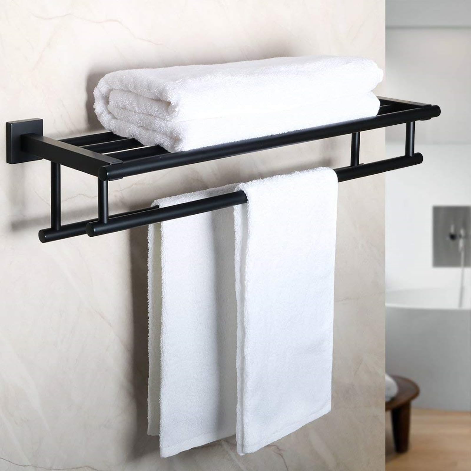 Alise Double Towel Rack for Bathroom Wall Mounted,24 Inch Bathroom Tower Holder Black Towel Rack with Double Towel Bars,SUS304 Stainless Steel Towel Bar Towel Rack with Shelf,Matte Black