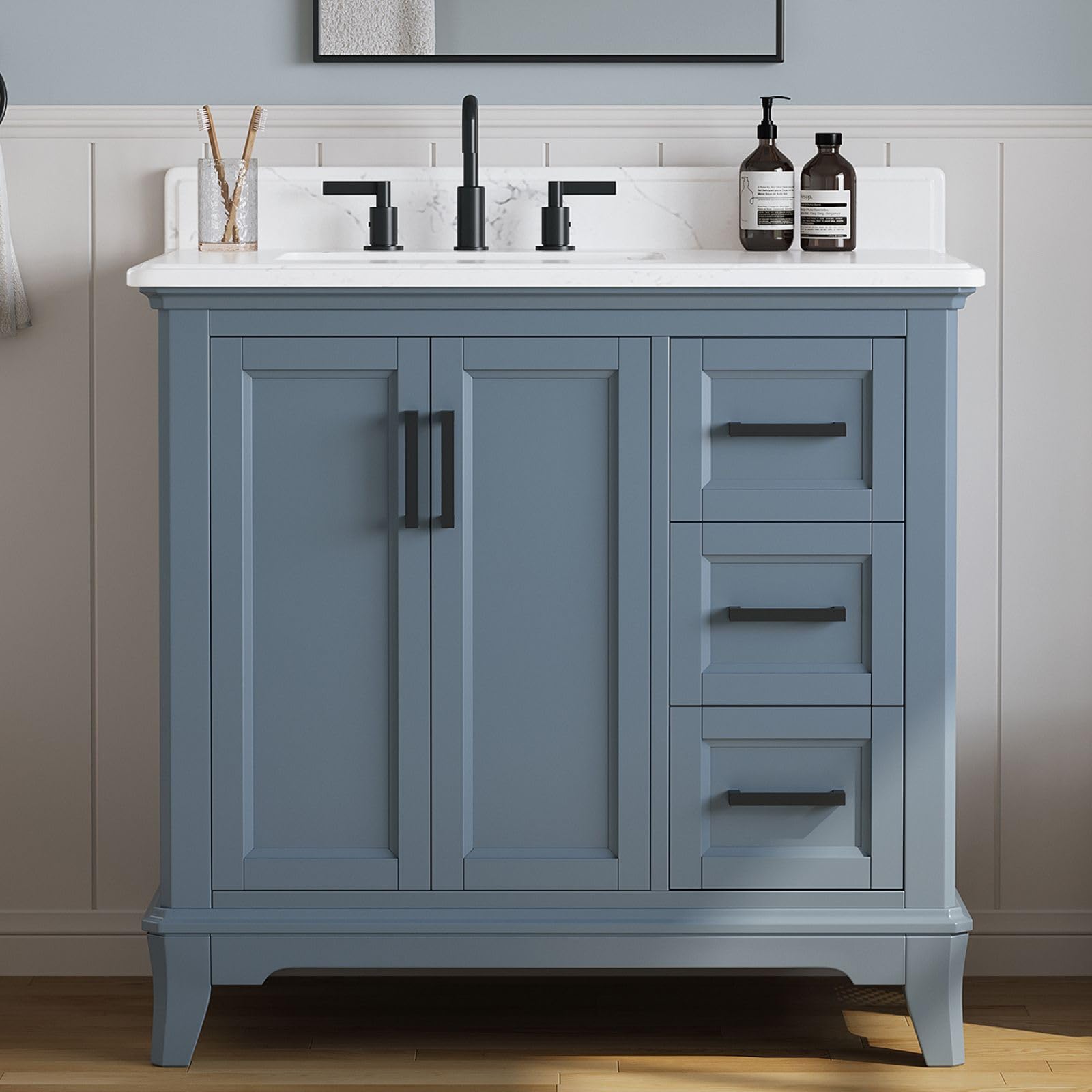 48 Inch Bathroom Vanity with Sink, Modern Steel Blue Bathroom Vanities with Soft Closing Doors & Dovetail Drawers, Quartz Countertop, No Assembly Required