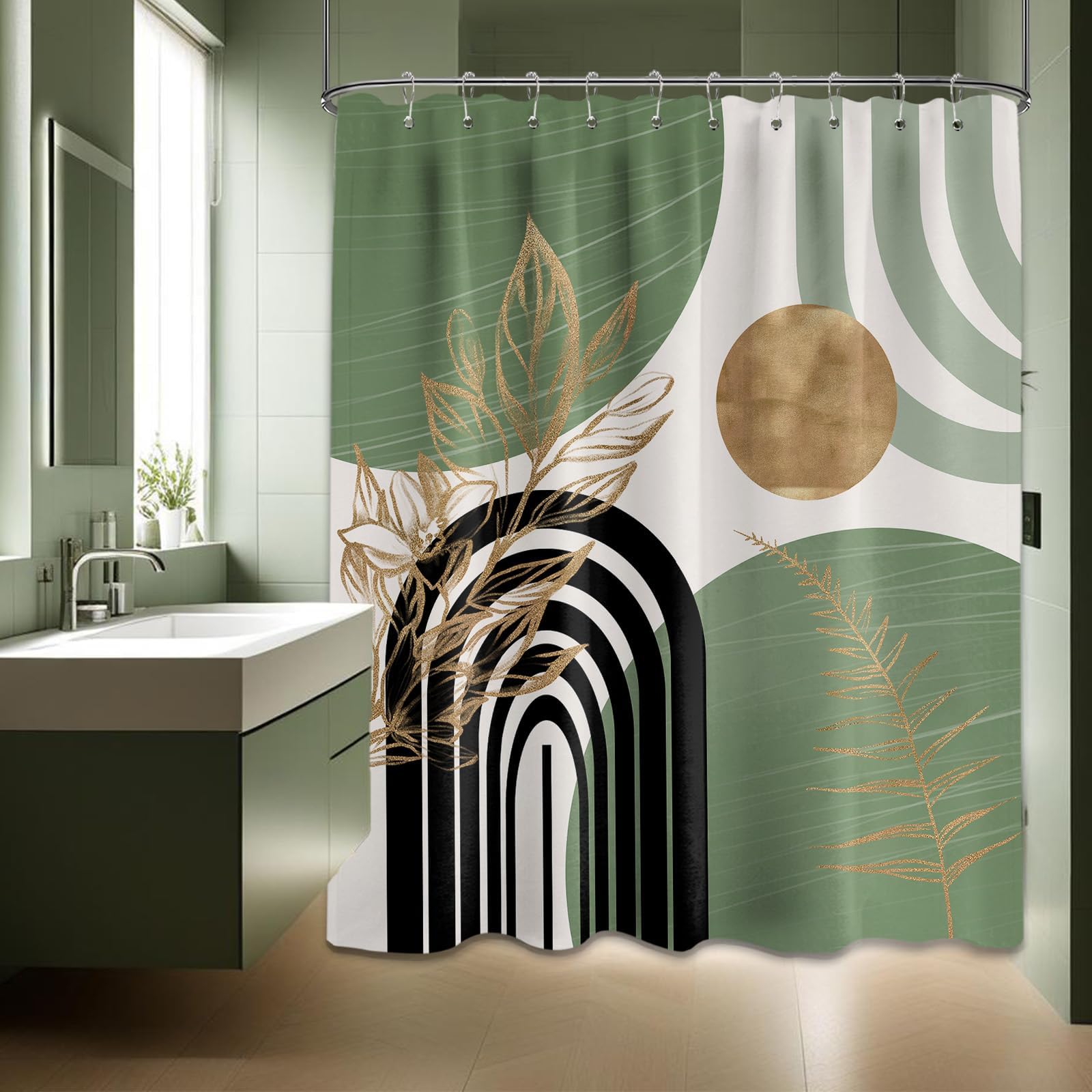 Mid Century Modern Black and Brown Shower Curtain Boho Beige and Dark Tan Gold Shower Curtains for Mens Bathroom Decor Sets, Waterproof Cloth Fabric with Hooks, 70x72in