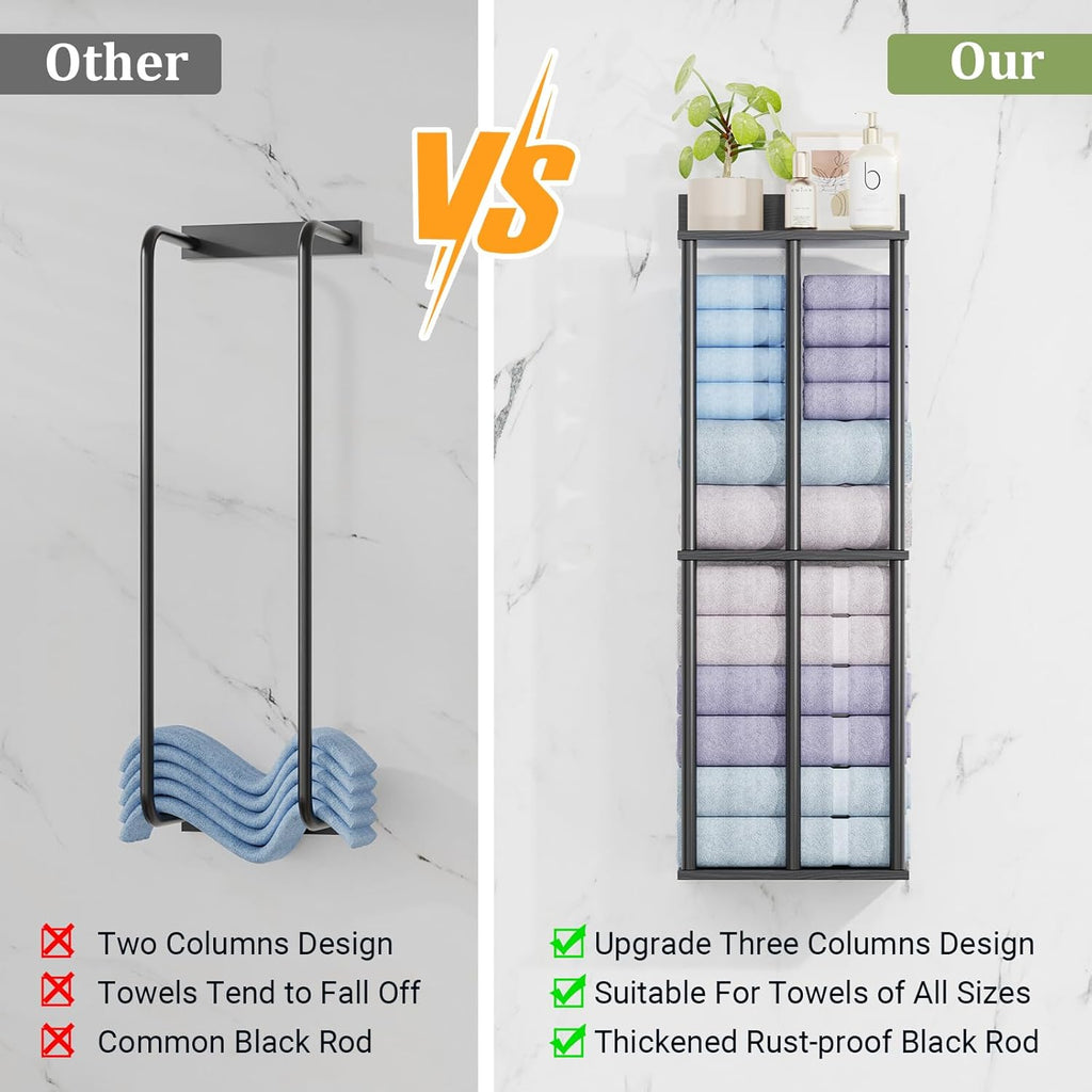 Large Capacity Three-layer Towel Racks for Bathroom Wall Mounted, Updated 3 Bar bath Towel Holder for Bathroom, Bath Towel Rack for Wall Mounted, Metal Small Bathrooms Towel Storage Rack, Balck