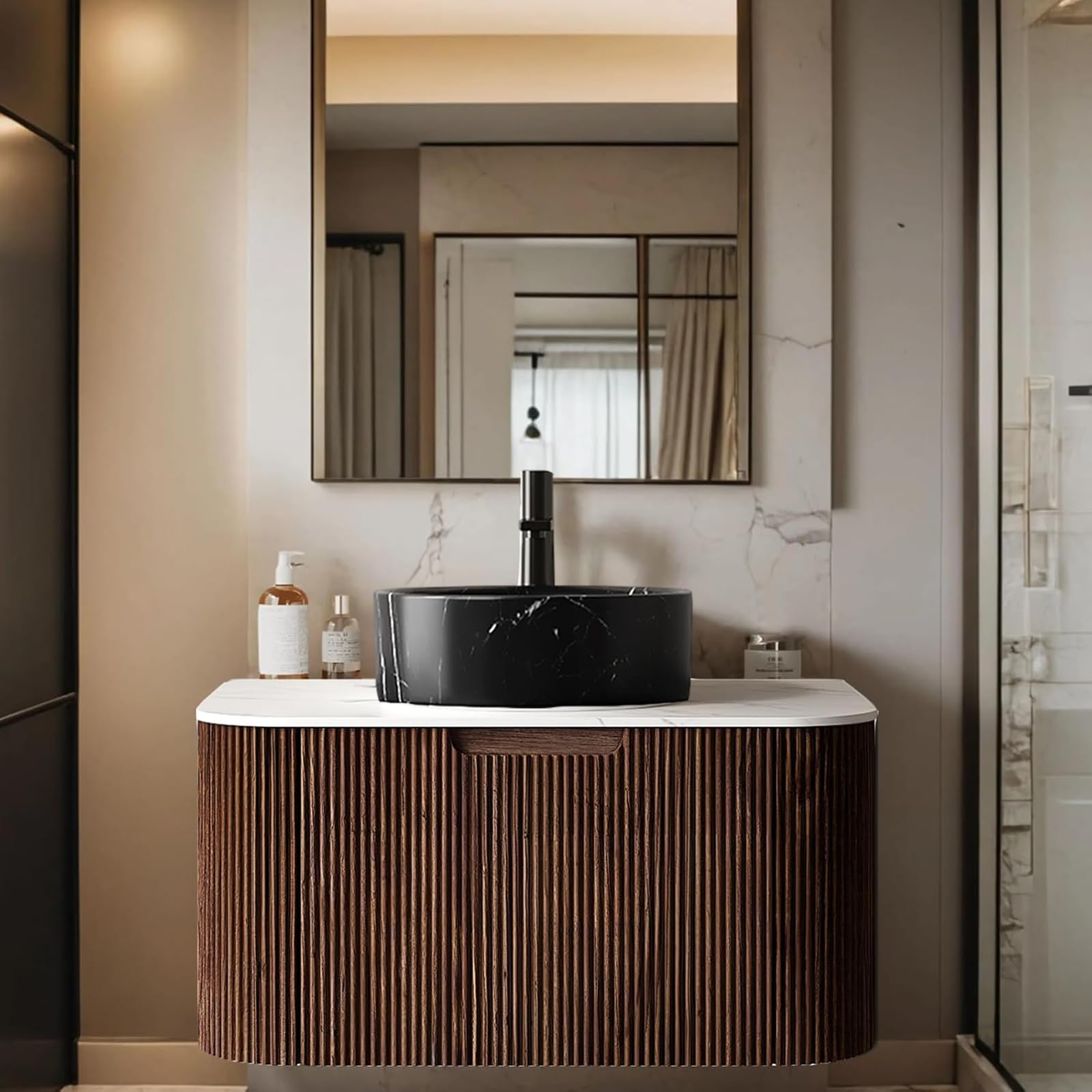 24-Inch Modern Bathroom Vanity with Sink, Floating Cabinet with Ultra-Thin Ceramic Basin and Marble Top, Extra Large Storage Drawer, Soft-Close Design, Nature Wood