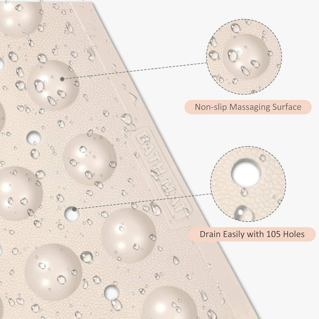 Non Slip Shower Mats for Inside Shower 15 x 27.5 Inch, TPE Bathtub Mat Non-Slip, Bath Mat for Tub with Suction Cups, Drain Holes Bath Tub Mat for Bathroom (Beige)