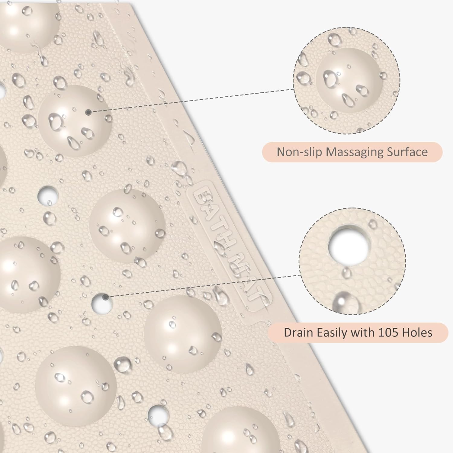 Non Slip Shower Mats for Inside Shower 15 x 27.5 Inch, TPE Bathtub Mat Non-Slip, Bath Mat for Tub with Suction Cups, Drain Holes Bath Tub Mat for Bathroom (Beige)