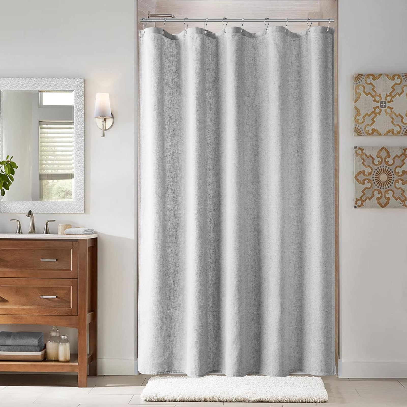 Naturoom Natural Linen Shower Curtain, Country Boho Farmhouse Bath Decor Beige Shower Curtains for Bathroom Neutral Cloth Weighted Textured Fabric Bath Curtain Liner with Hooks, Cream, 72 Inch